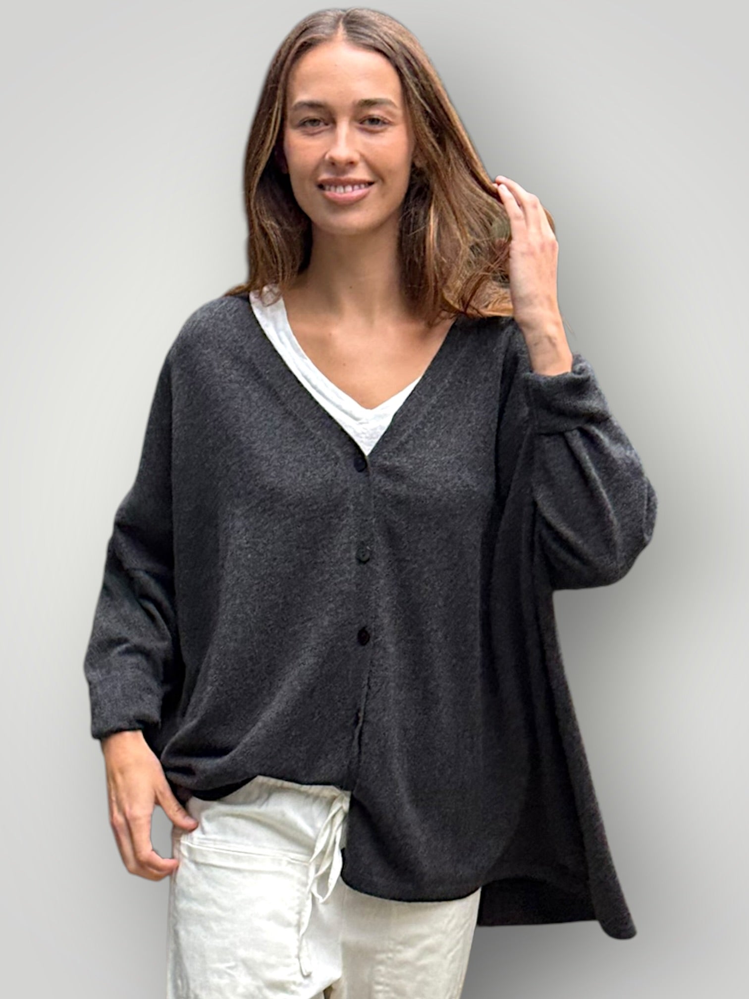 boyfriend cashmere cardigan -charcoal Apparel