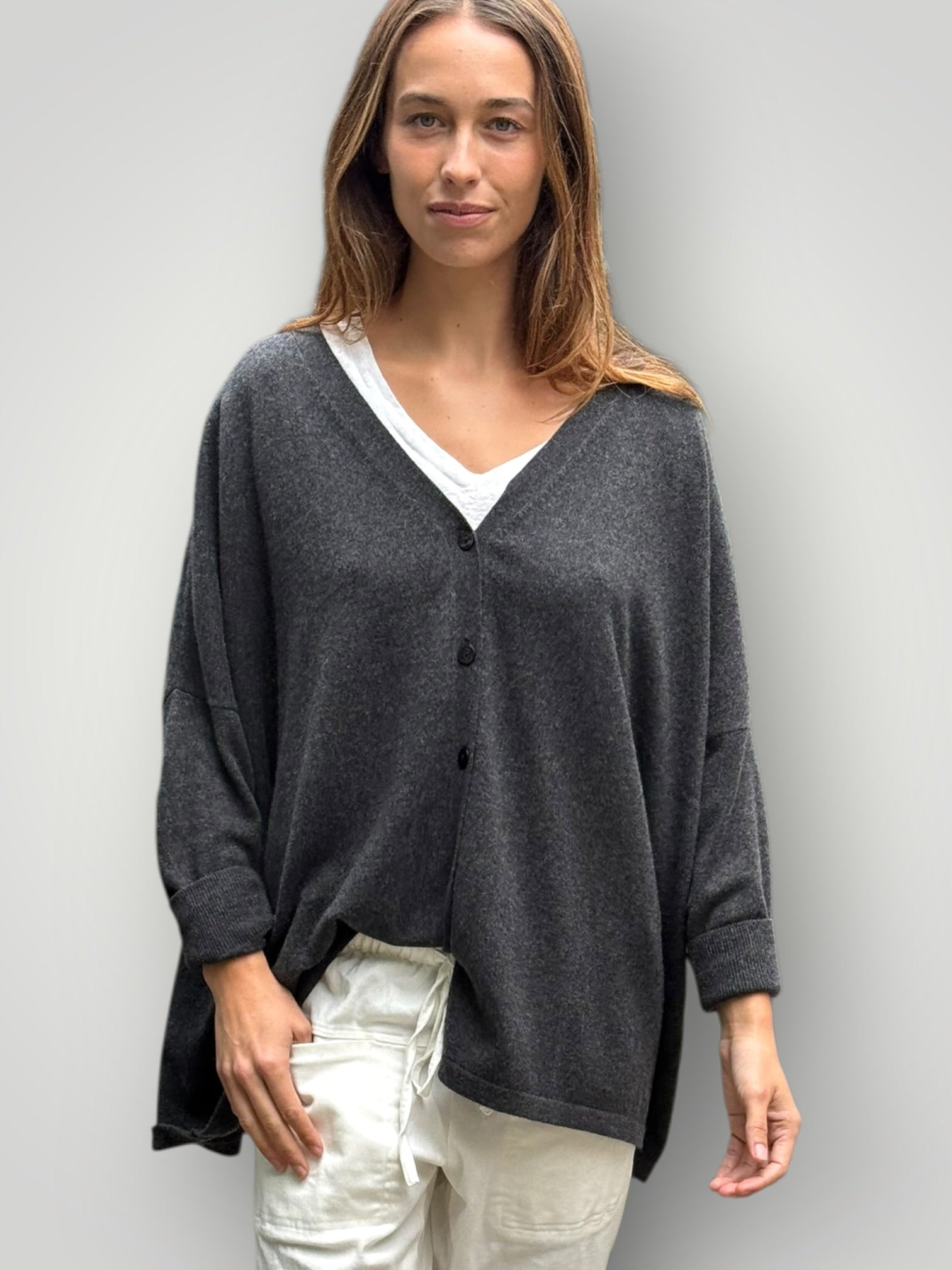 boyfriend cashmere cardigan -charcoal Apparel