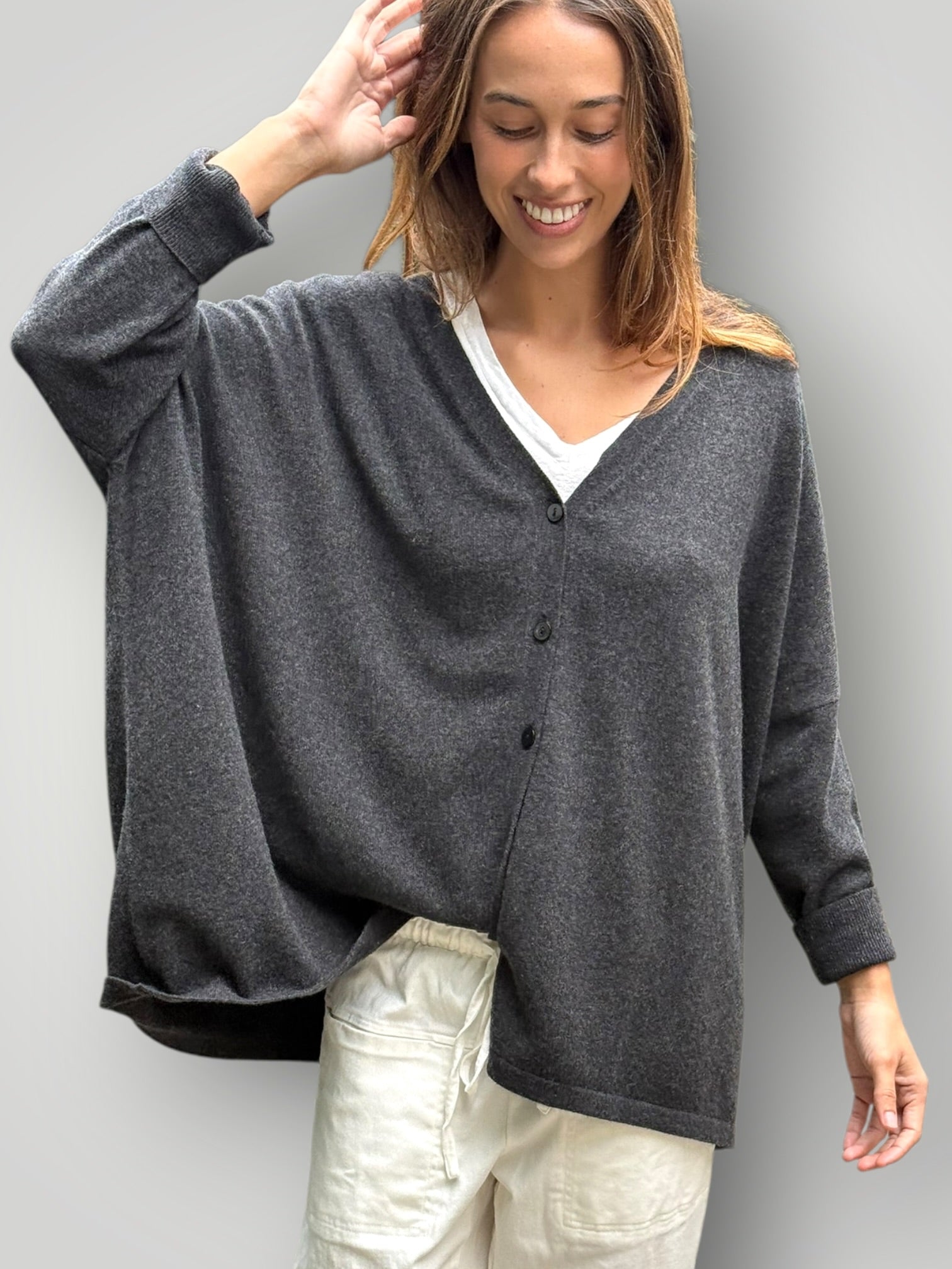 boyfriend cashmere cardigan -charcoal Apparel