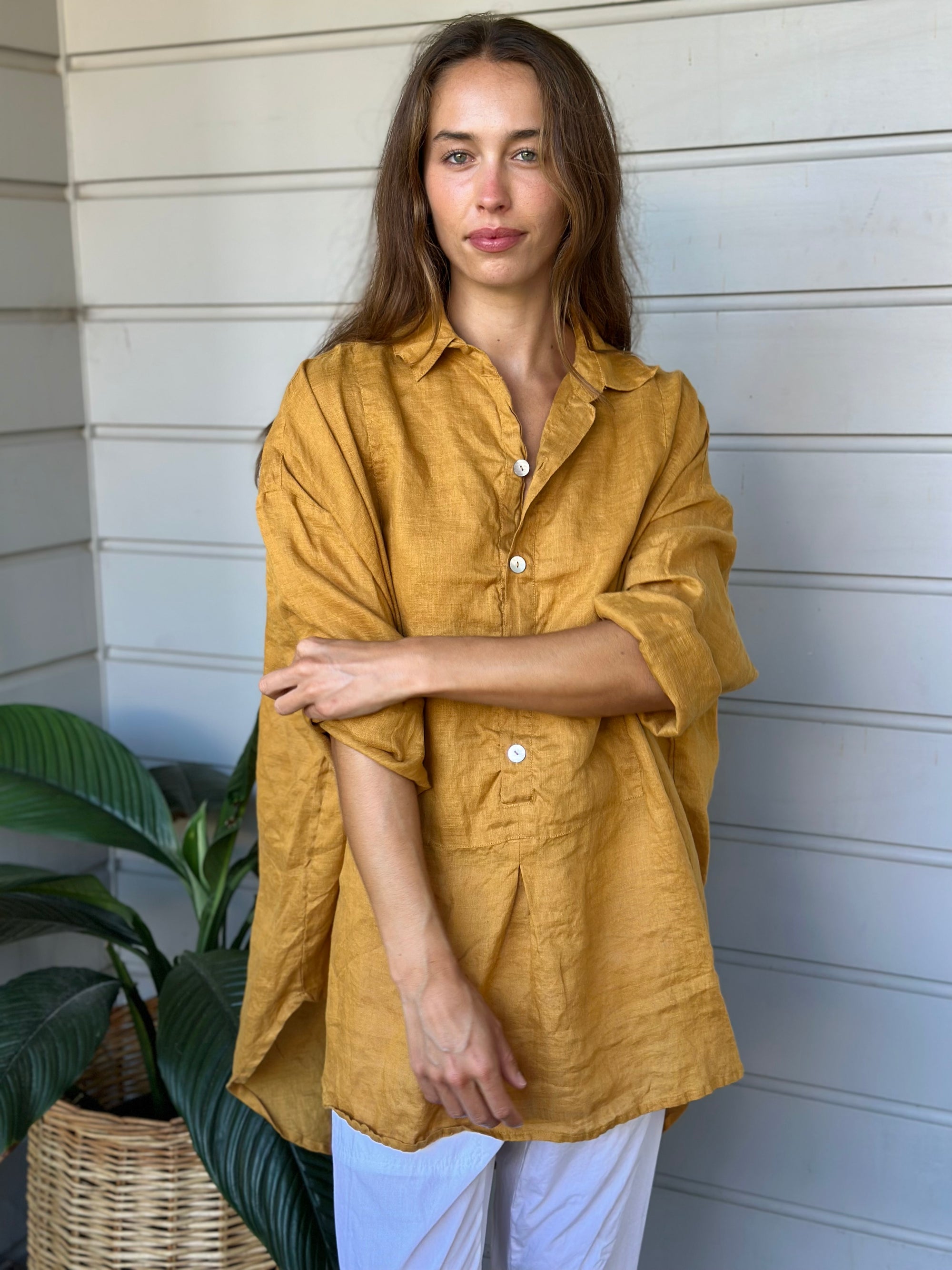 megan shirt - turmeric linen Apparel