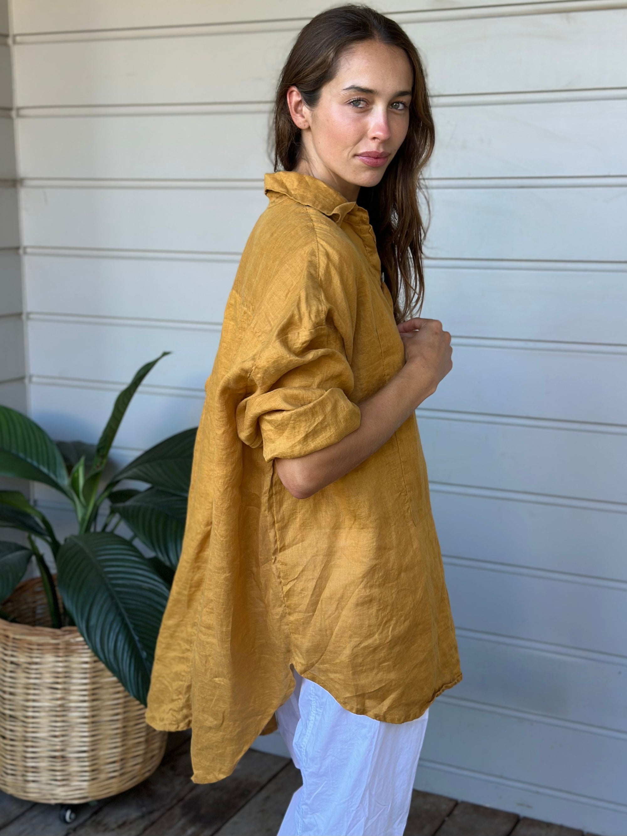 megan shirt - turmeric linen Apparel
