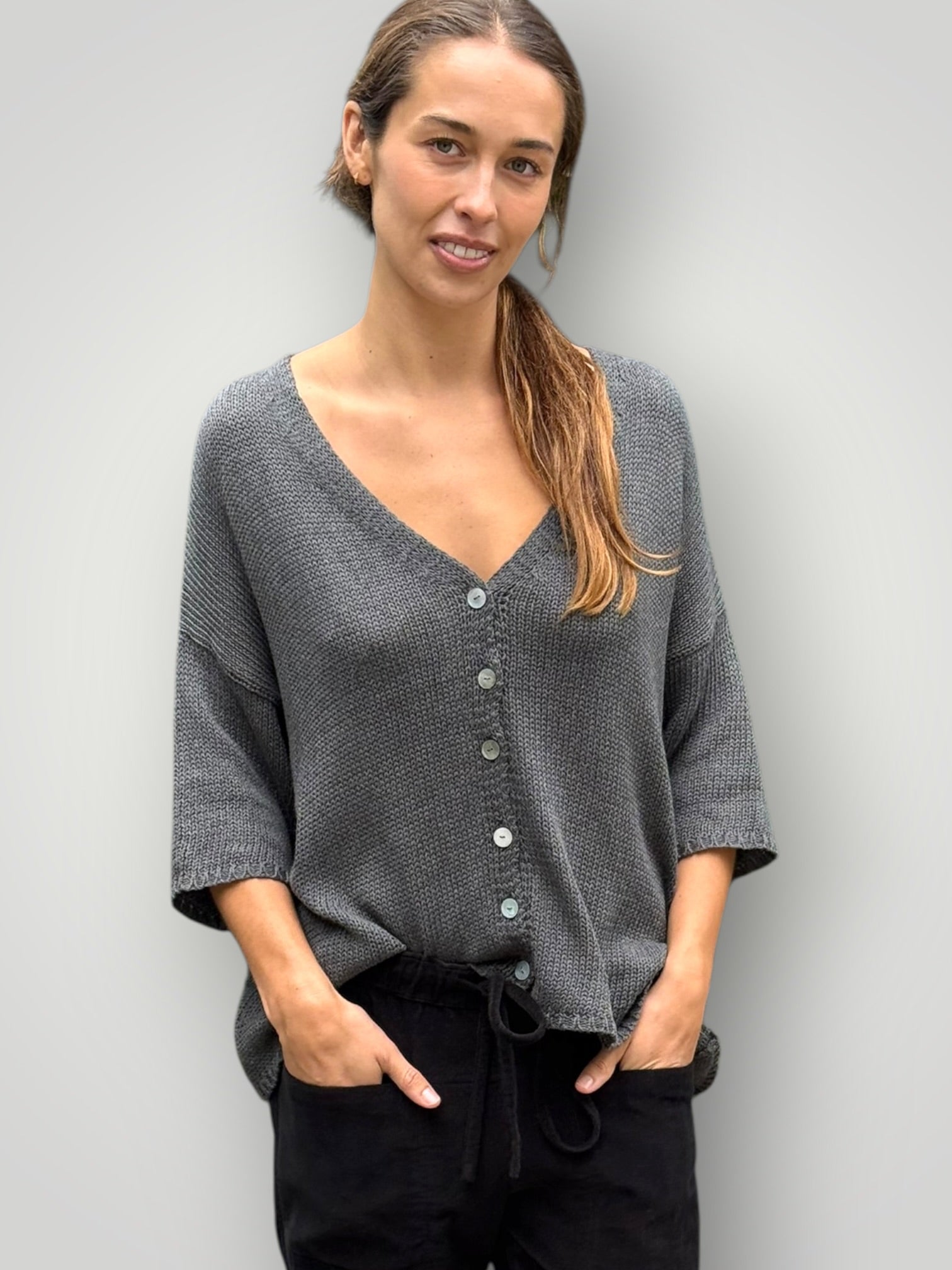alex cotton knit cardi-slate Apparel