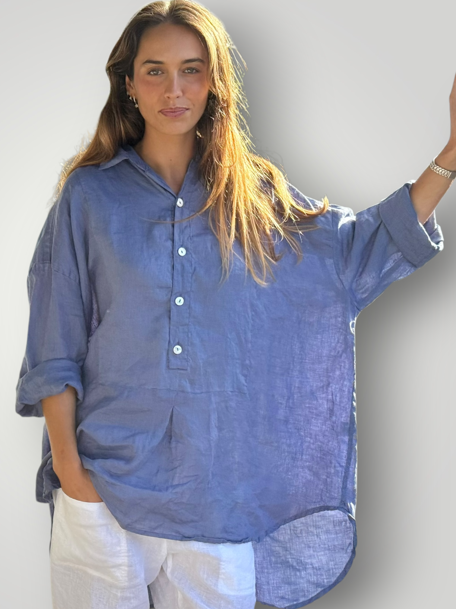 megan shirt - cornflower linen Apparel