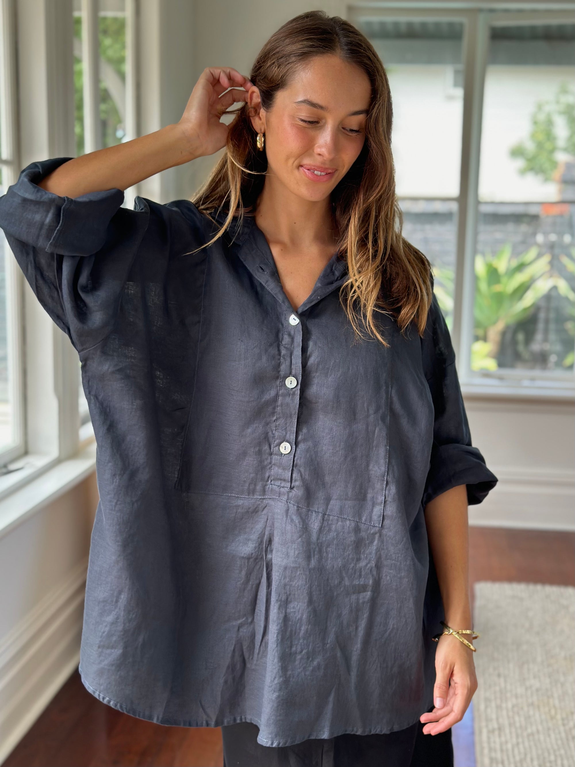 megan shirt-charcoal linen Apparel  
