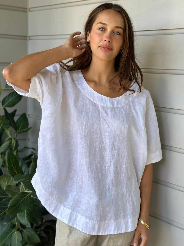 mia top - white linen Apparel  