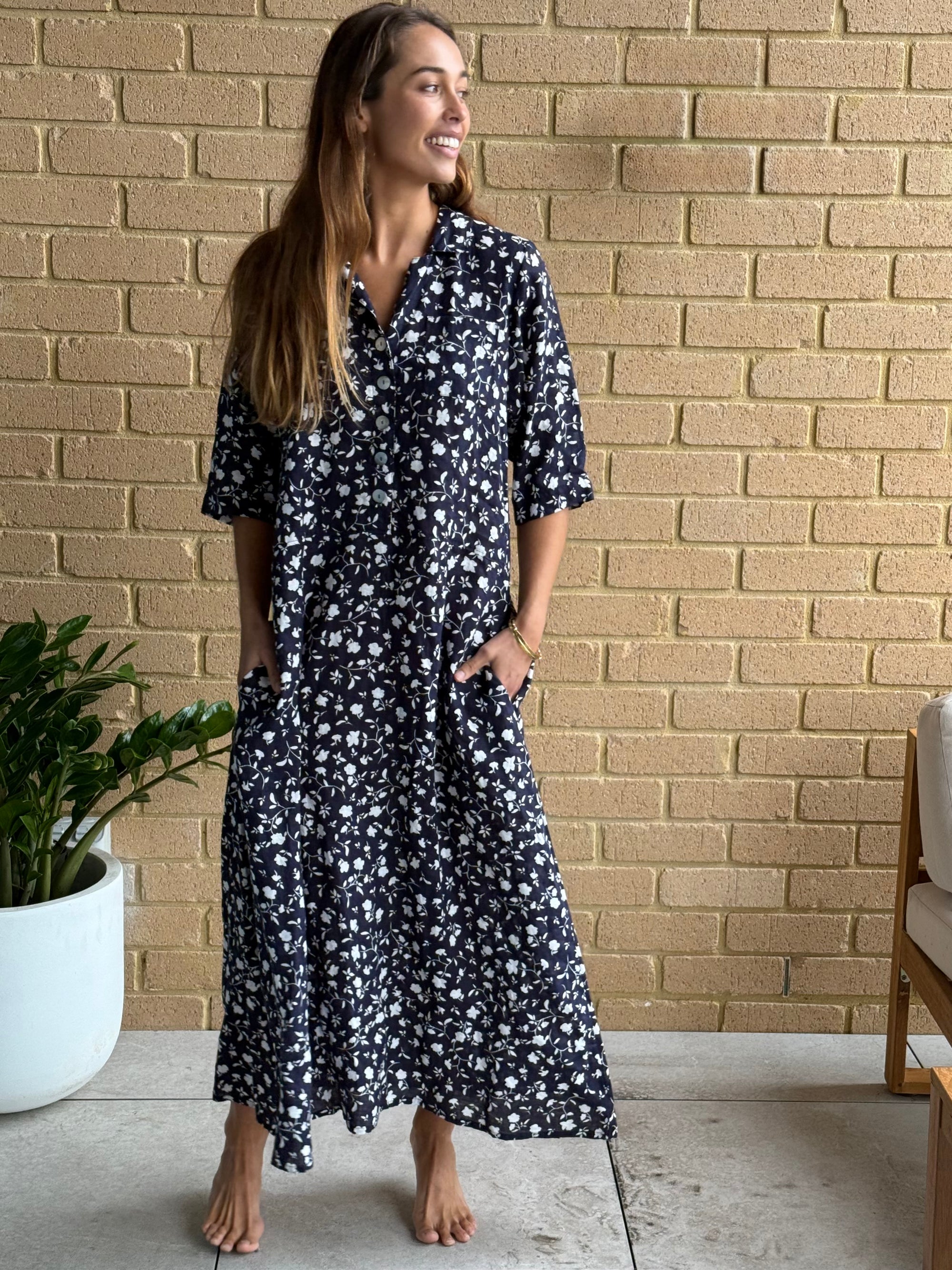 bridget dress - navy floral linen Apparel