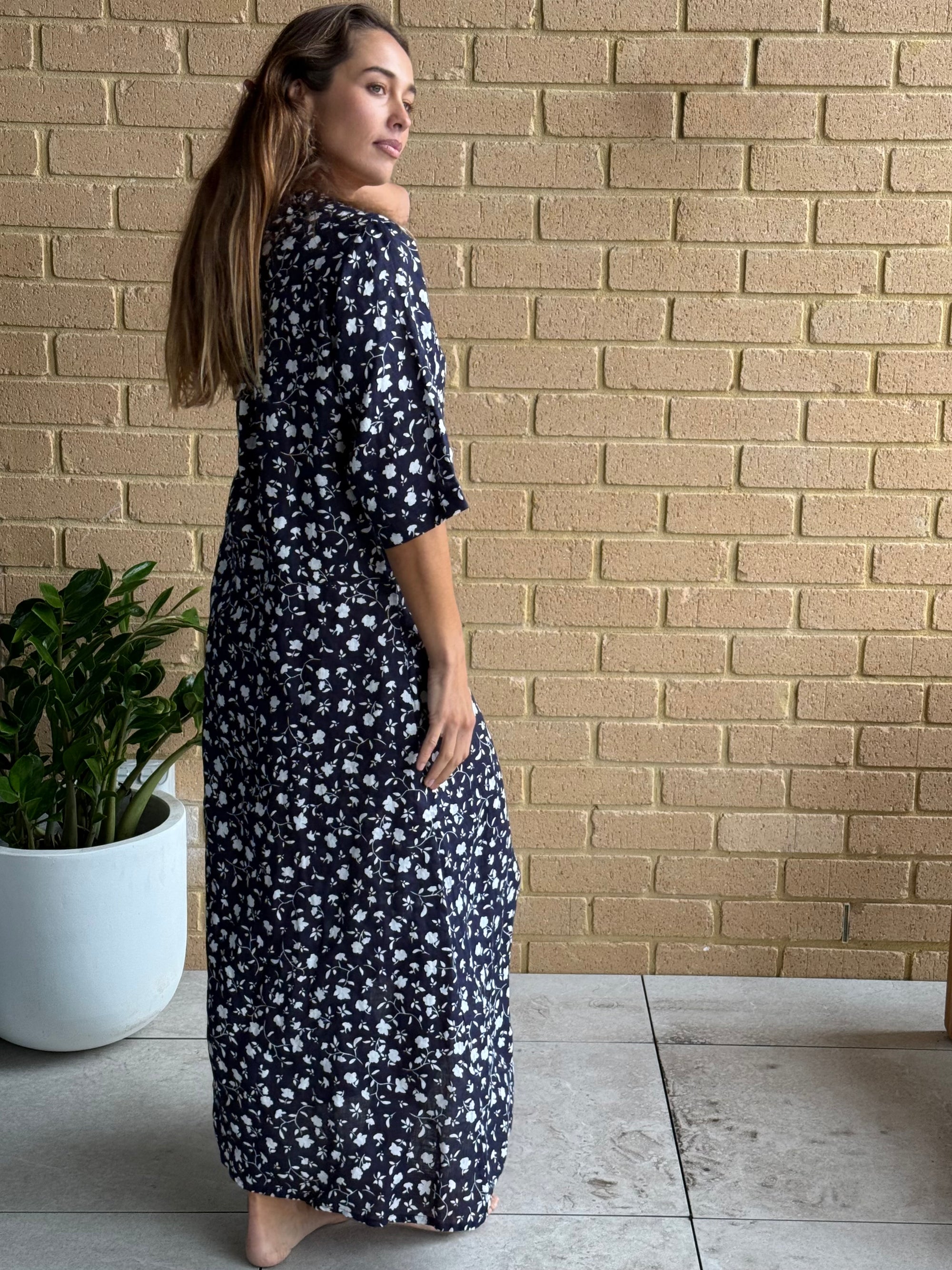 bridget dress - navy floral linen Apparel