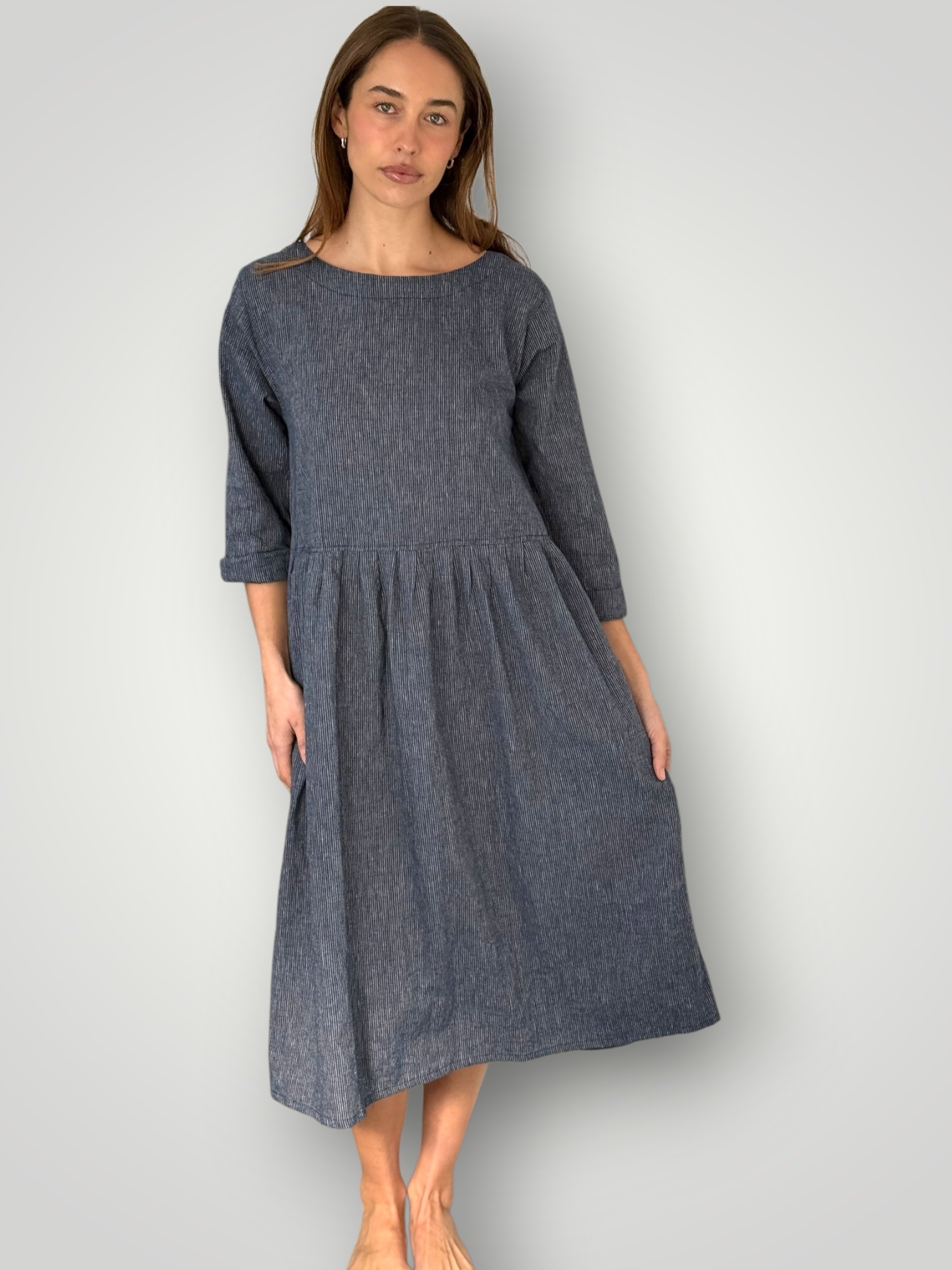 april dress - fine navy stripe Apparel