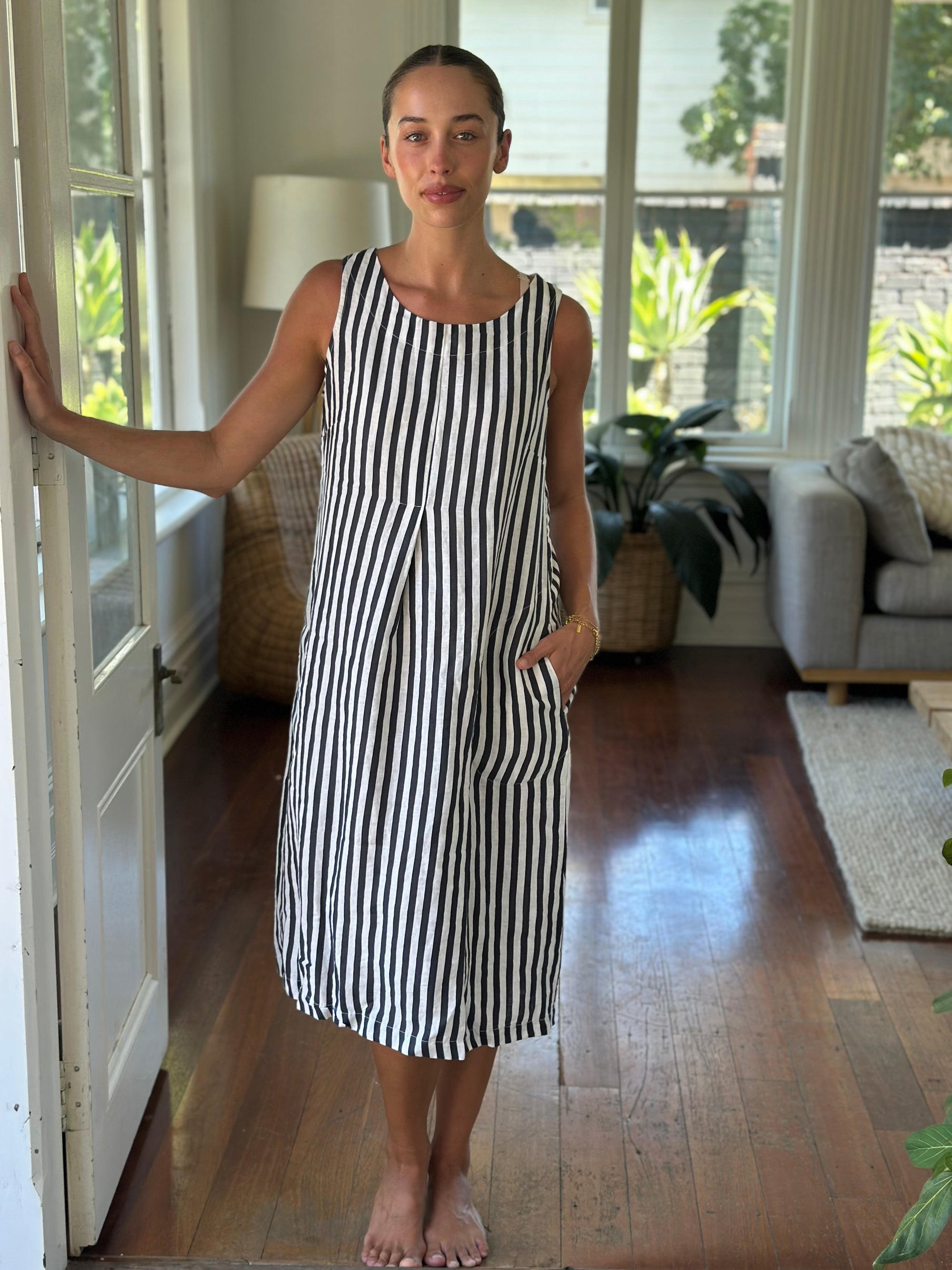 becky dress - charcoal stripe linen Apparel