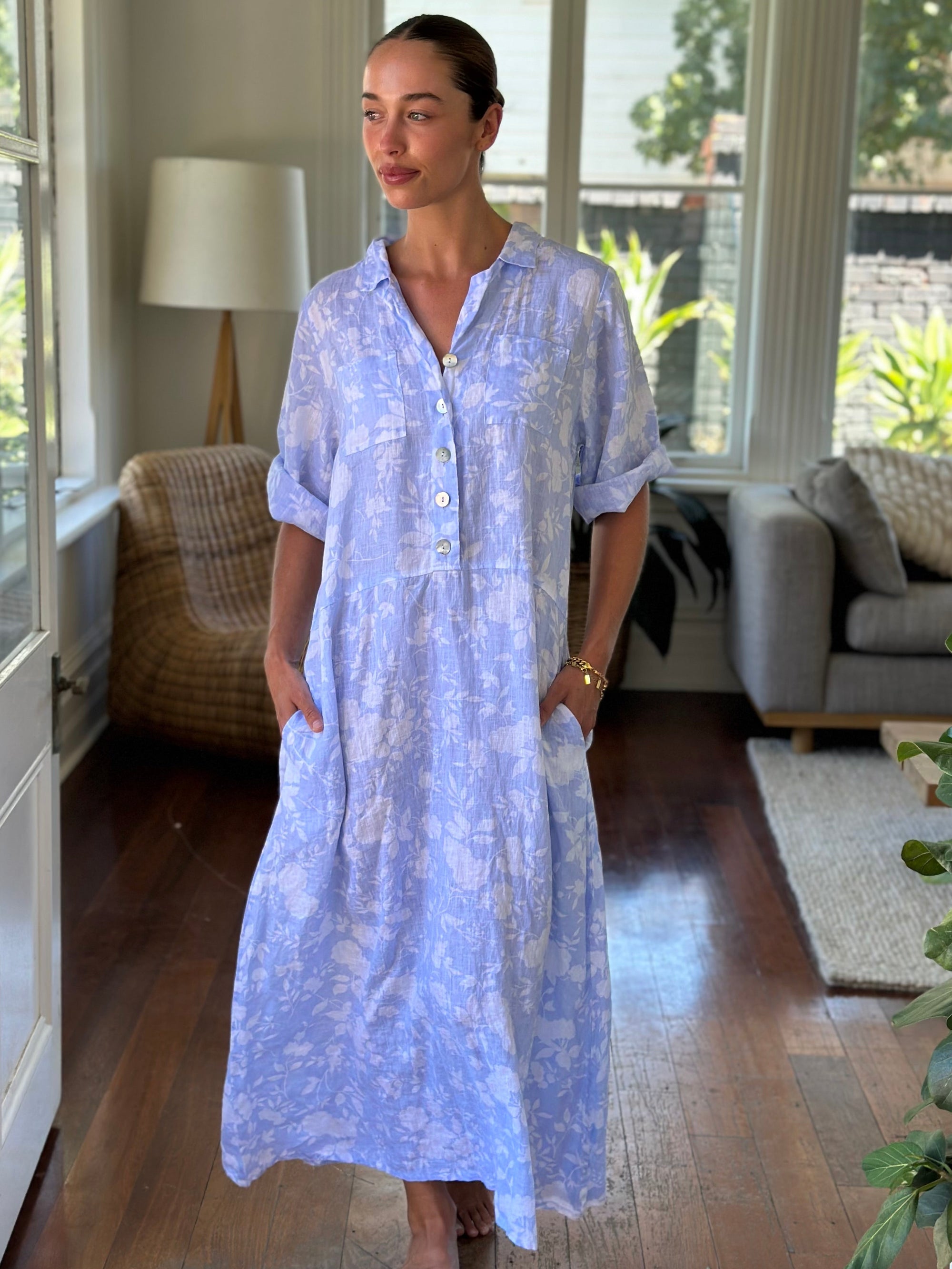 bridget dress - soft blue/white big flower linen Apparel