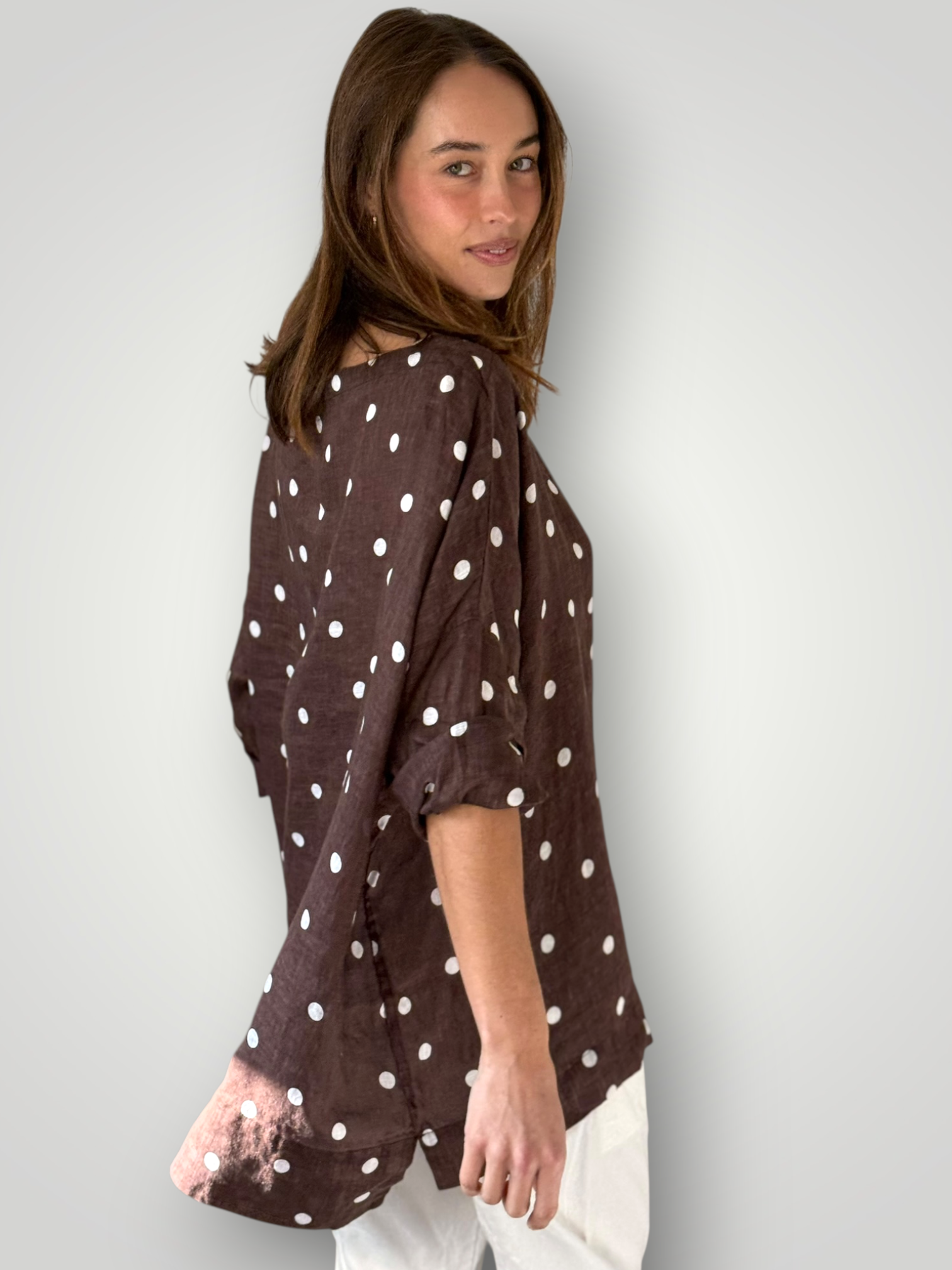 avril top - chocolate spot linen Apparel