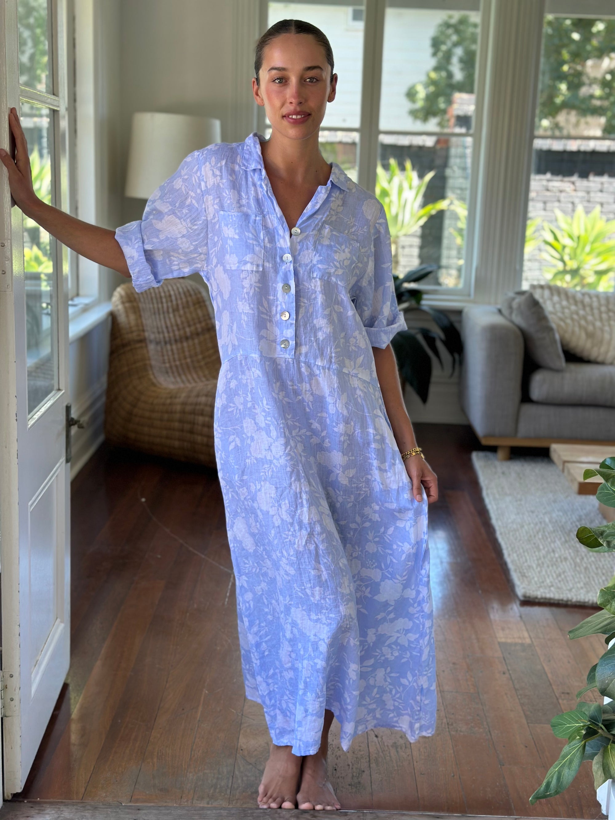 bridget dress - soft blue/white big flower linen Apparel