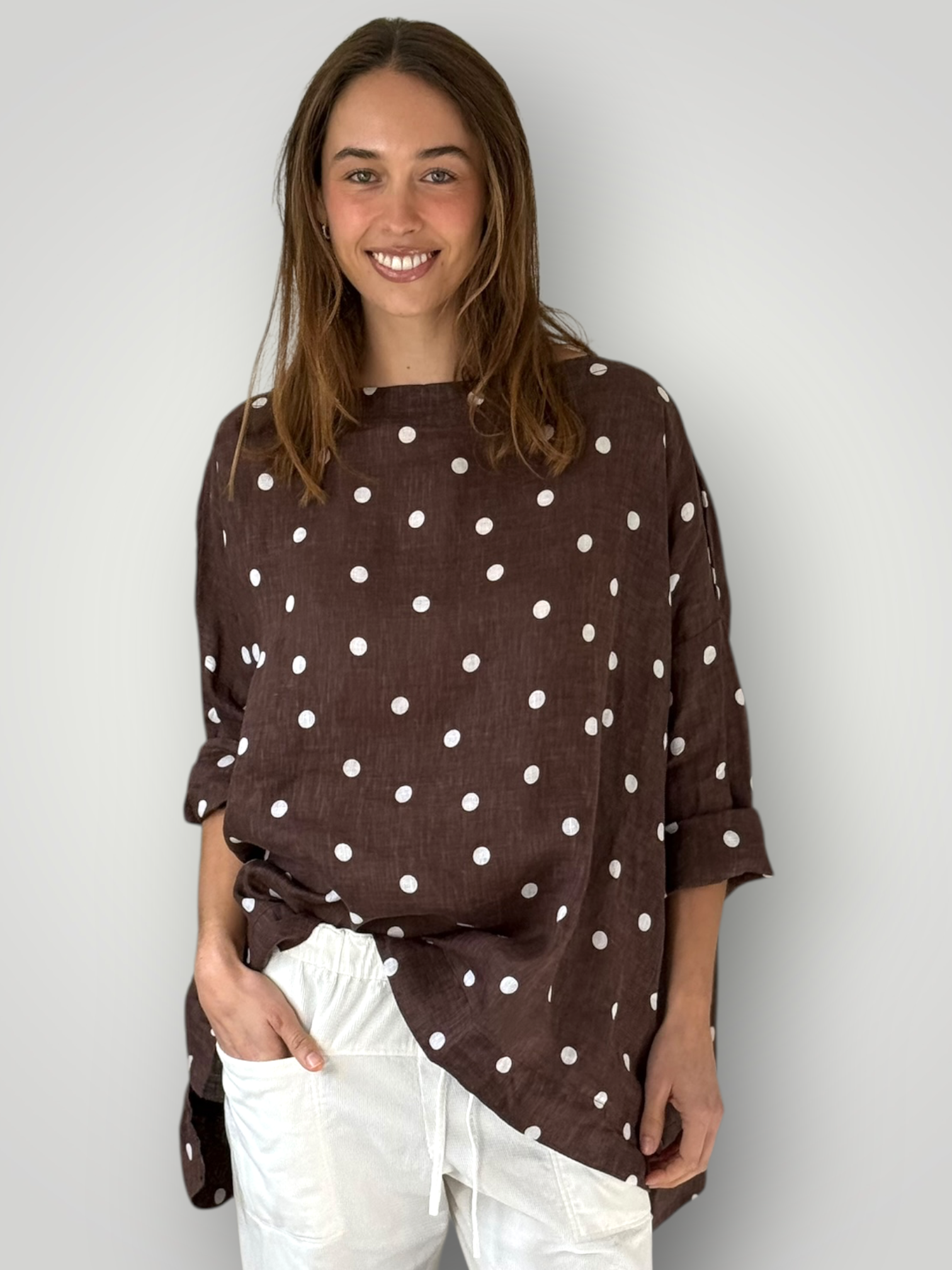 avril top - chocolate spot linen Apparel