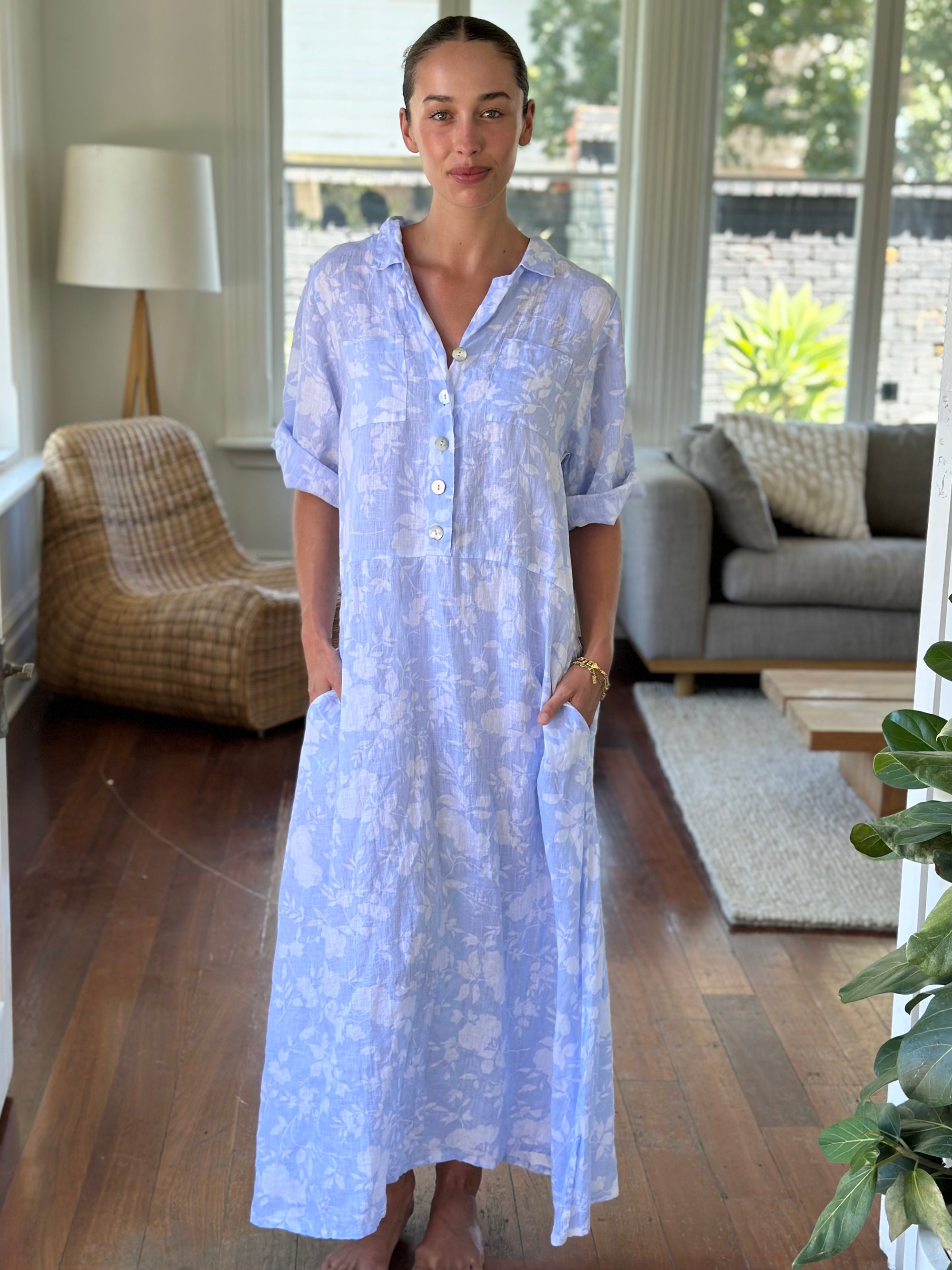 bridget dress - soft blue/white big flower linen Apparel