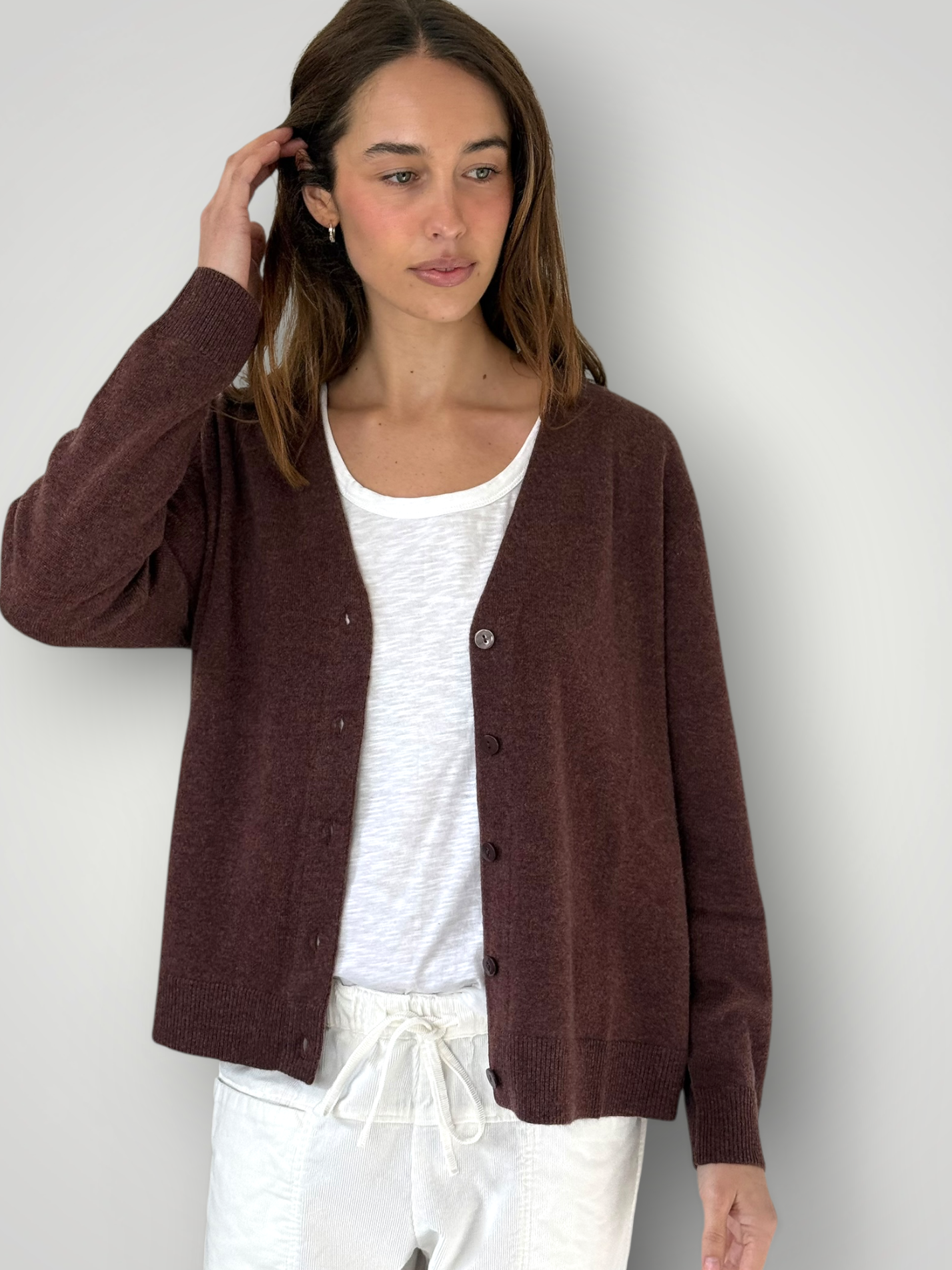 hannah cashmere/wool cardi- warm cocoa