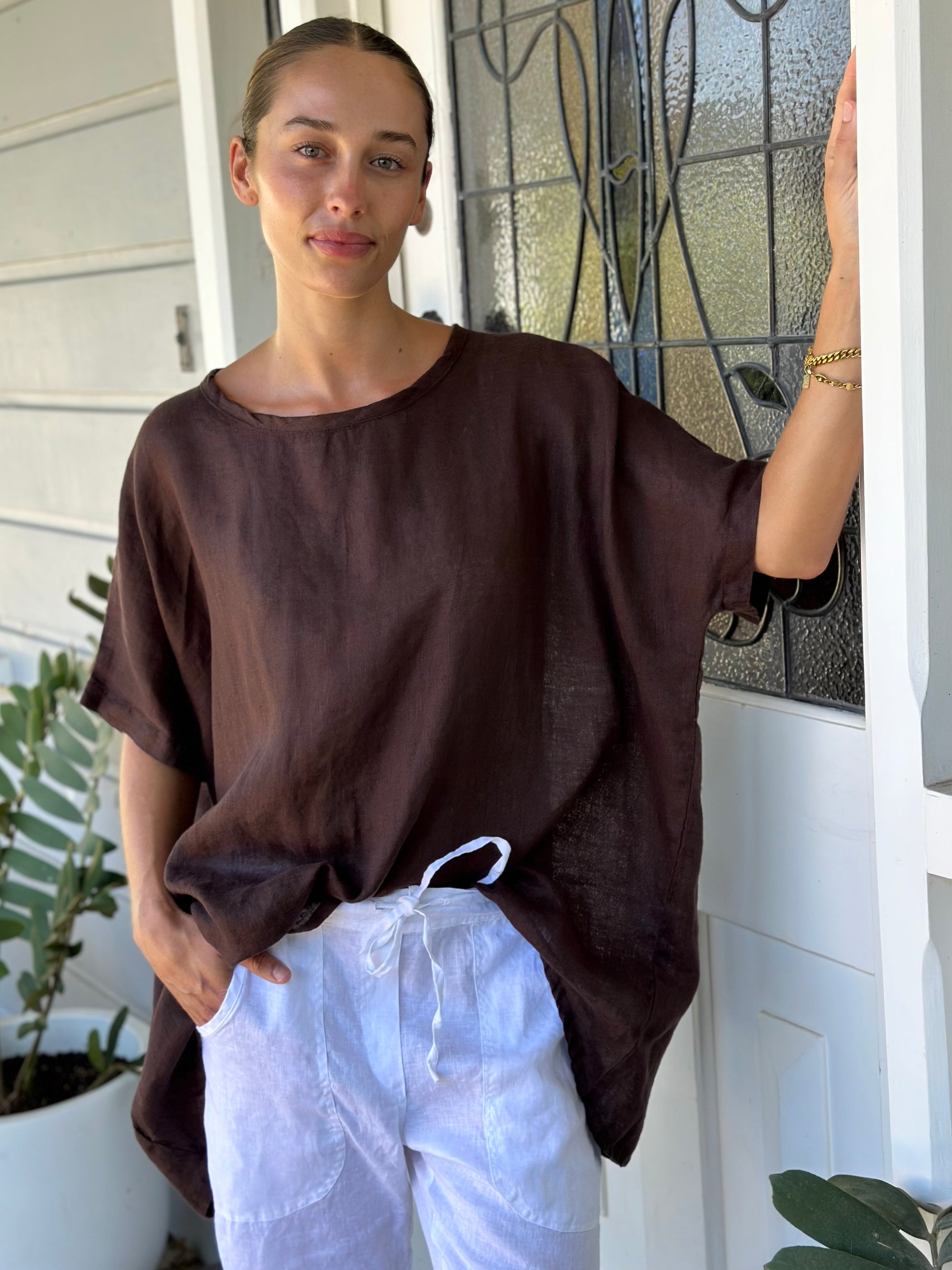 rachael top - chocolate linen gauze Apparel
