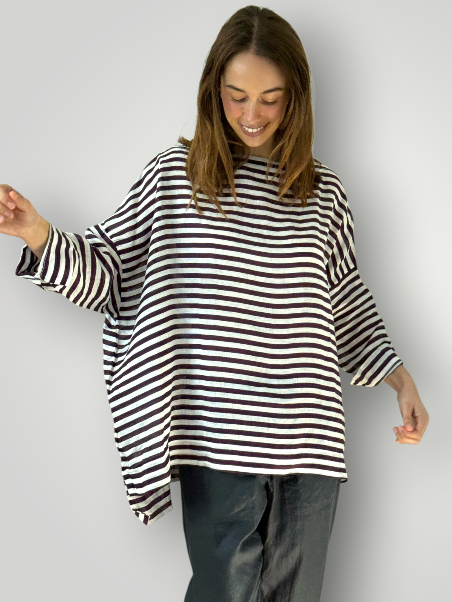 avril top - eggplant stripe linen Apparel