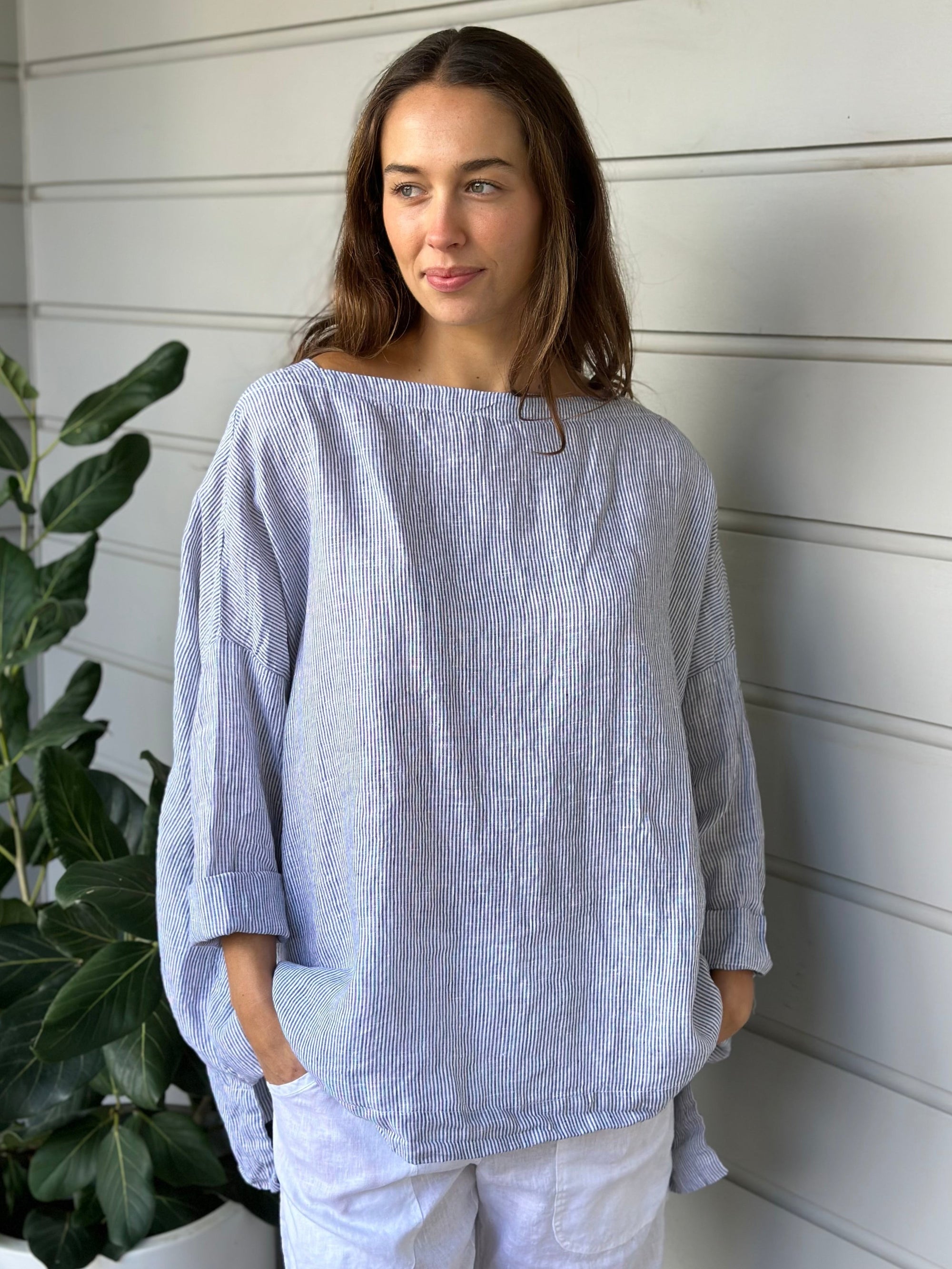 avril top - fine grey stripe linen Apparel  