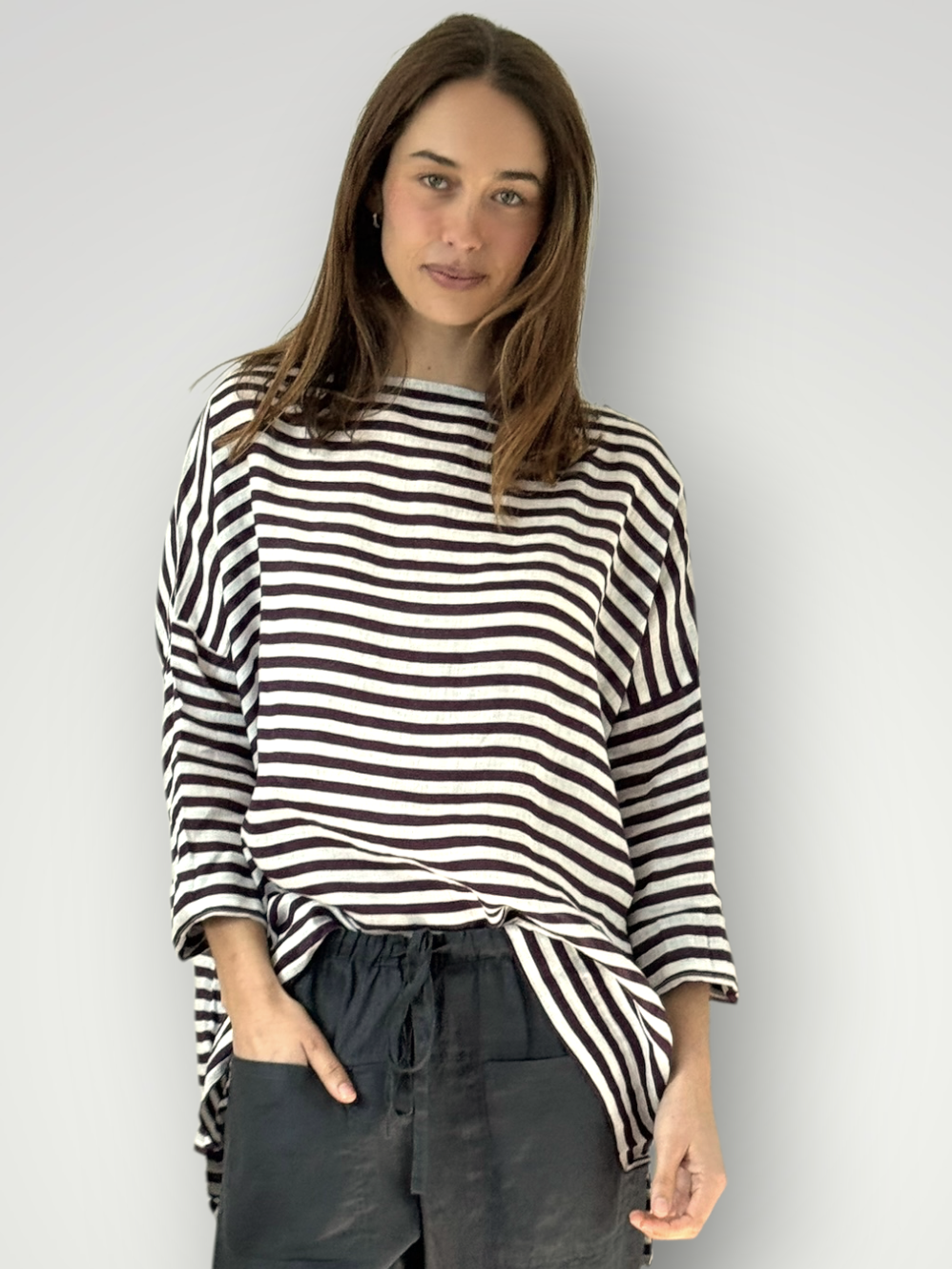 avril top - eggplant stripe linen Apparel
