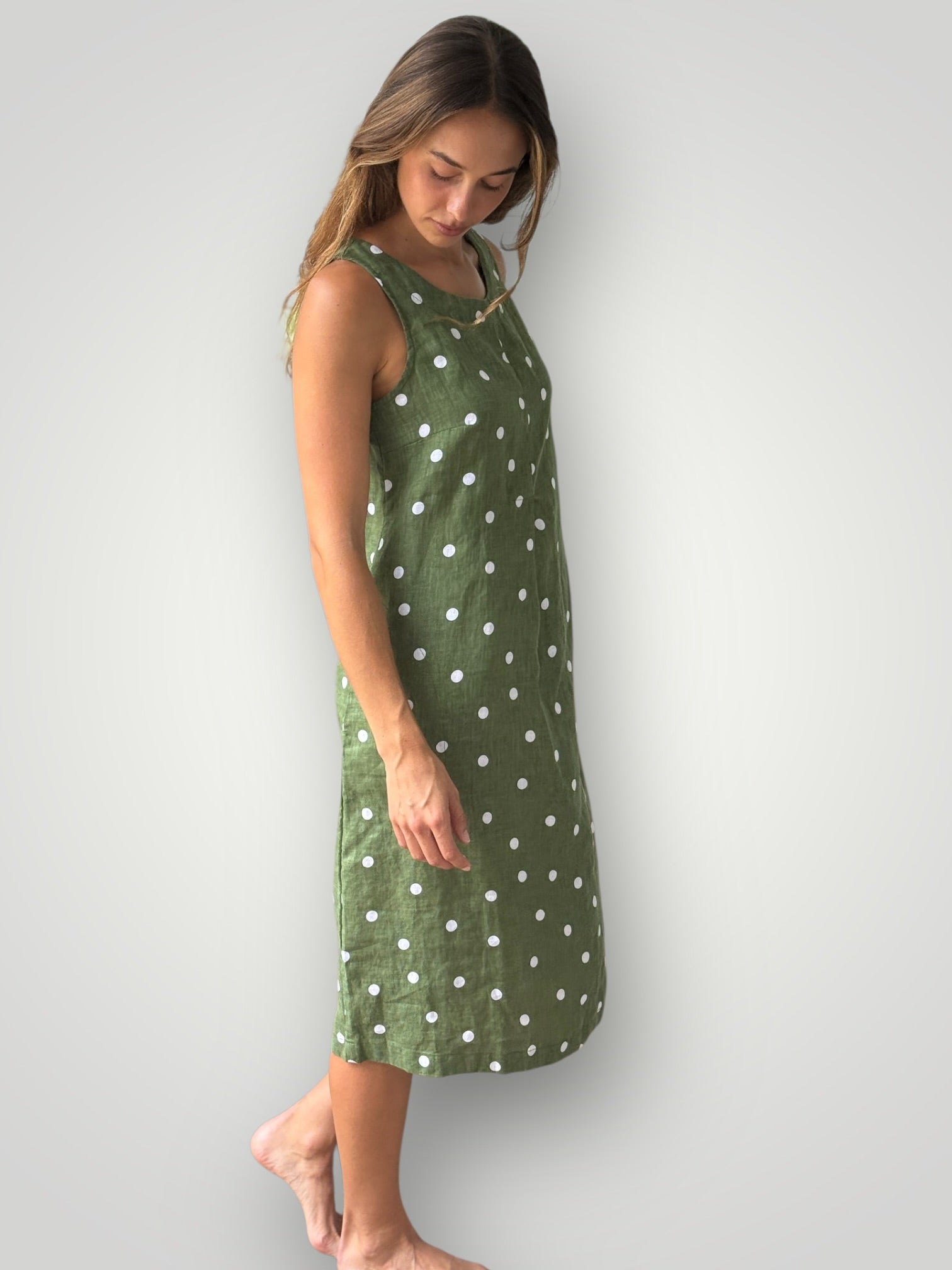 becky dress - moss spot linen Apparel