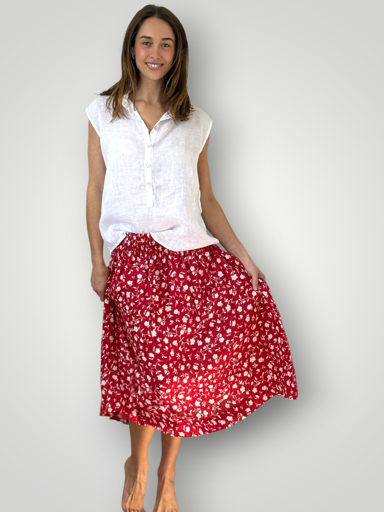 lola skirt - red floral linen Apparel