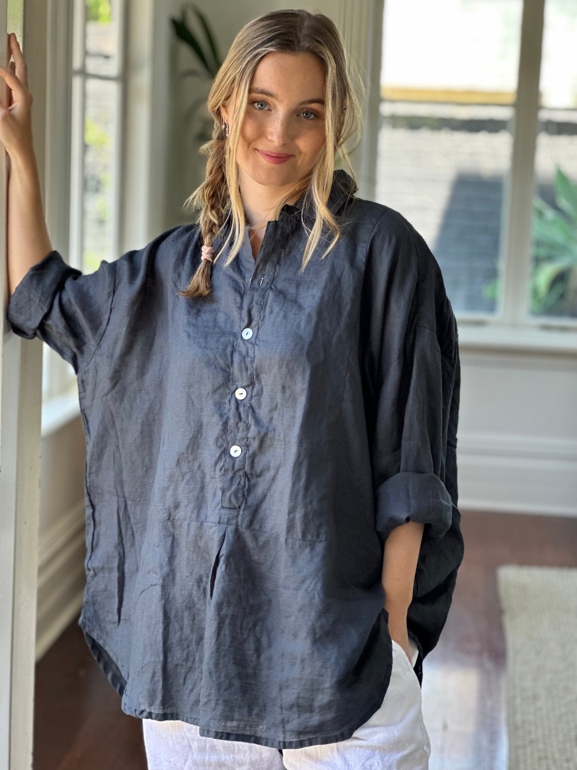 megan shirt-charcoal linen Apparel  