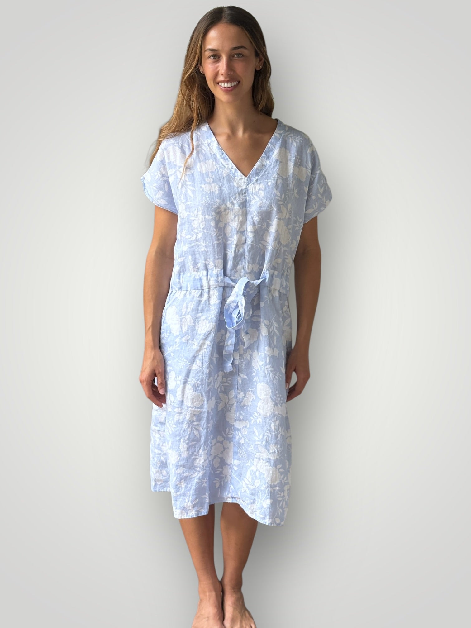 harper dress -soft blue flower linen Apparel