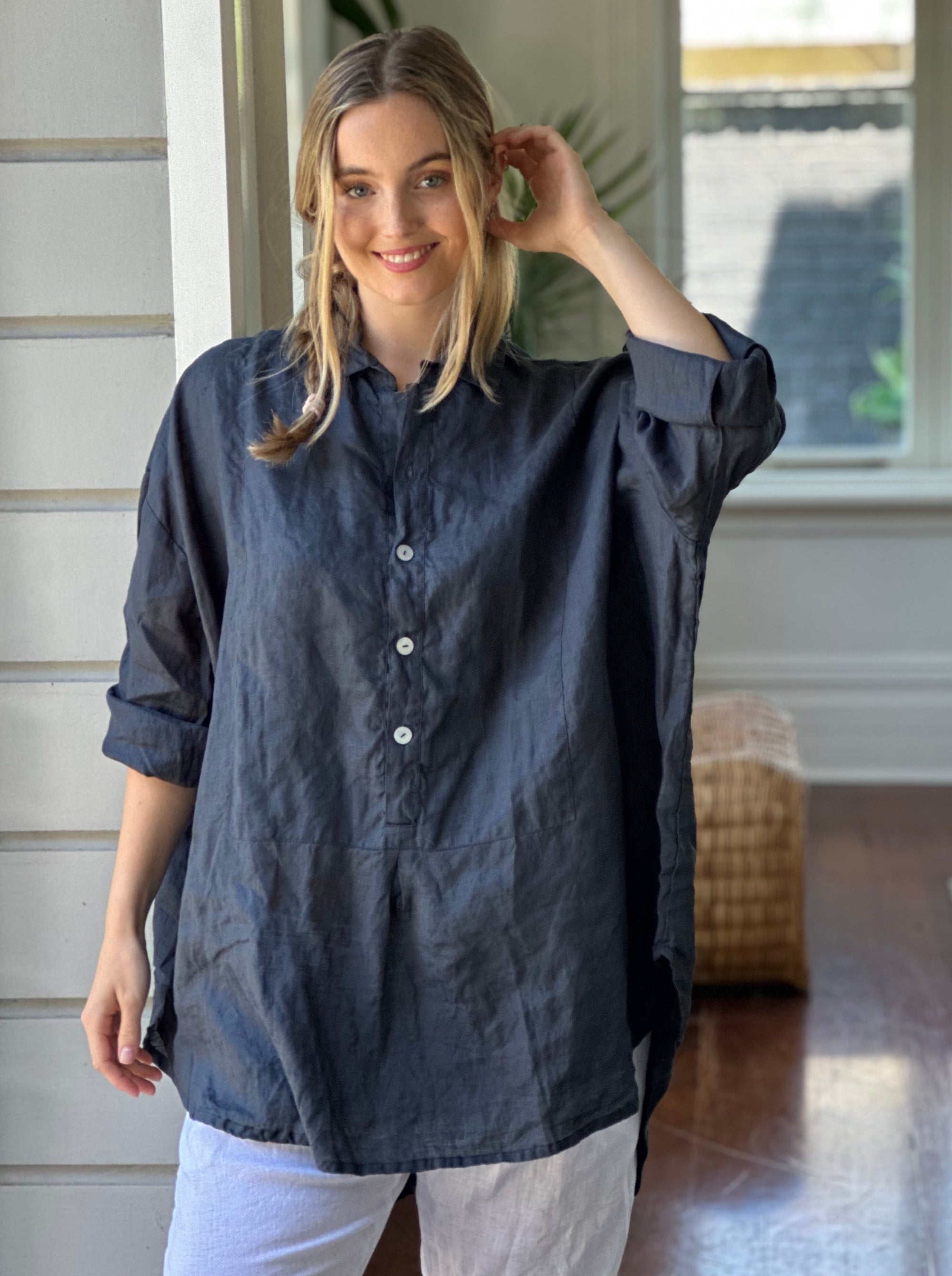 megan shirt-charcoal linen Apparel  