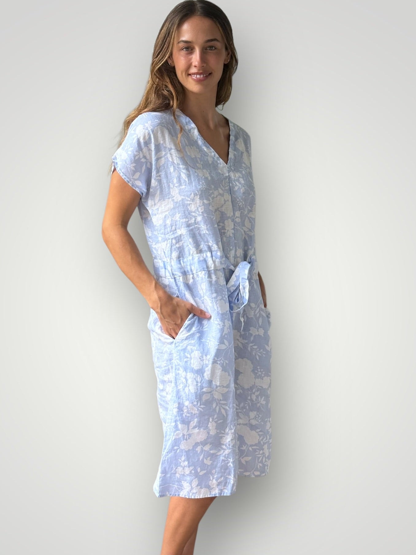 harper dress -soft blue flower linen Apparel