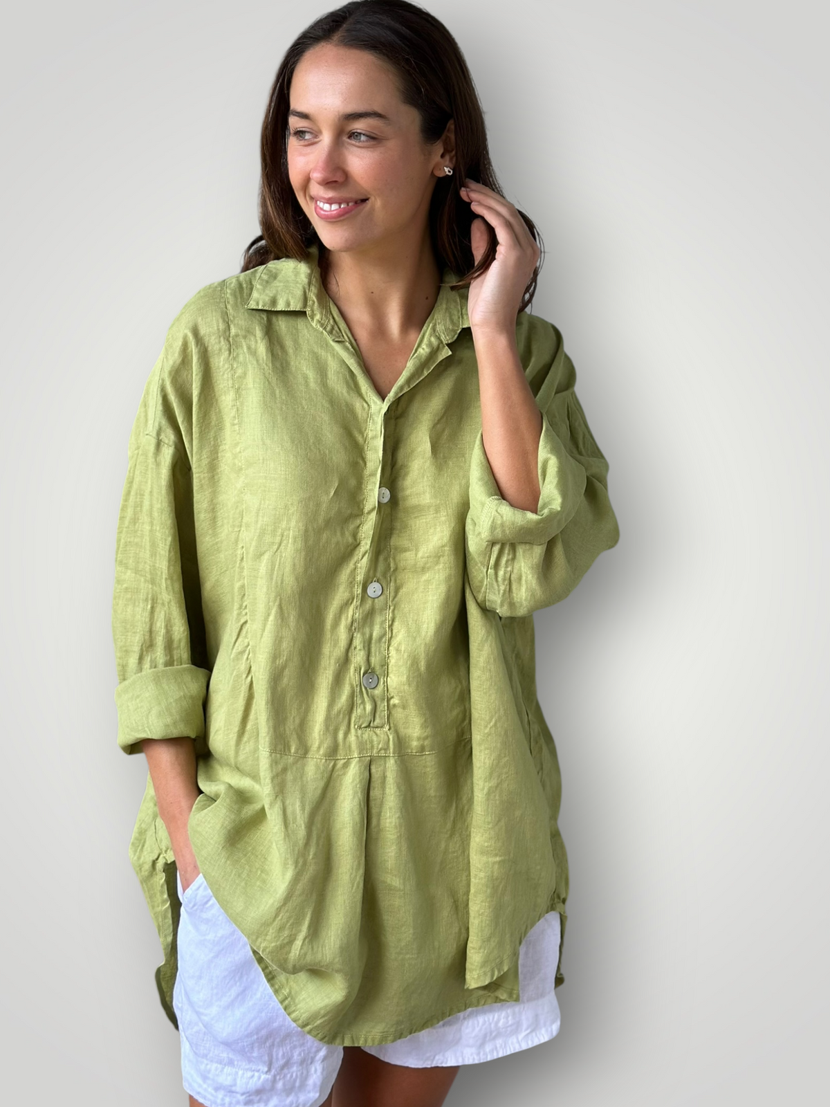 megan shirt - avocado linen Apparel