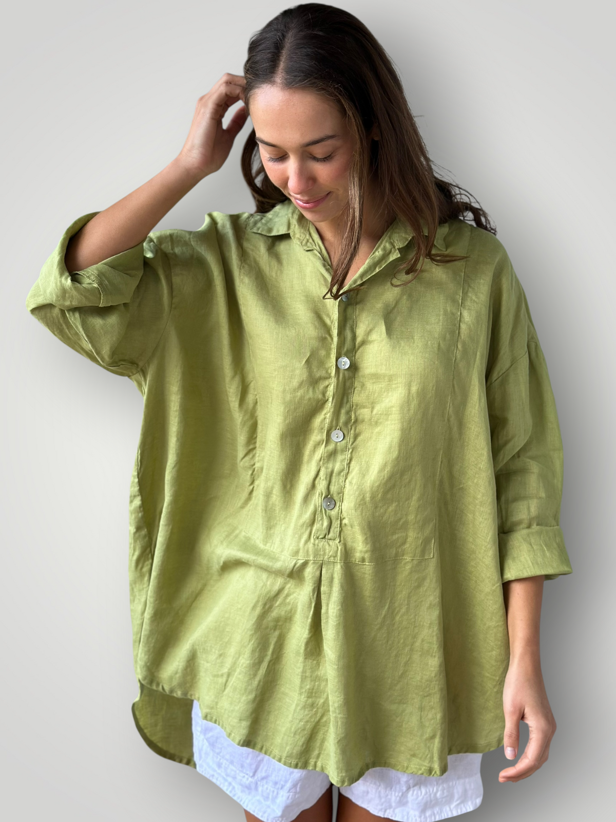 megan shirt - avocado linen Apparel