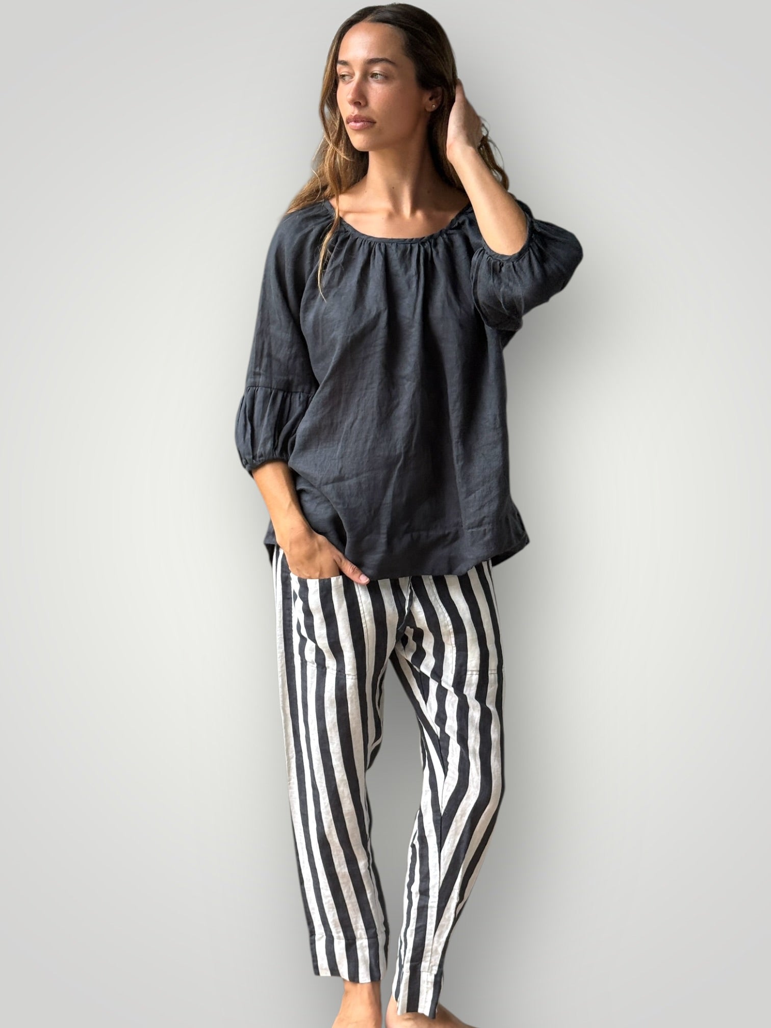darcy pants - charcoal stripe linen Apparel