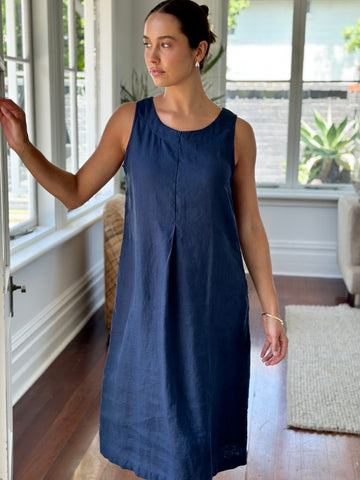 becky dress - navy linen Apparel  