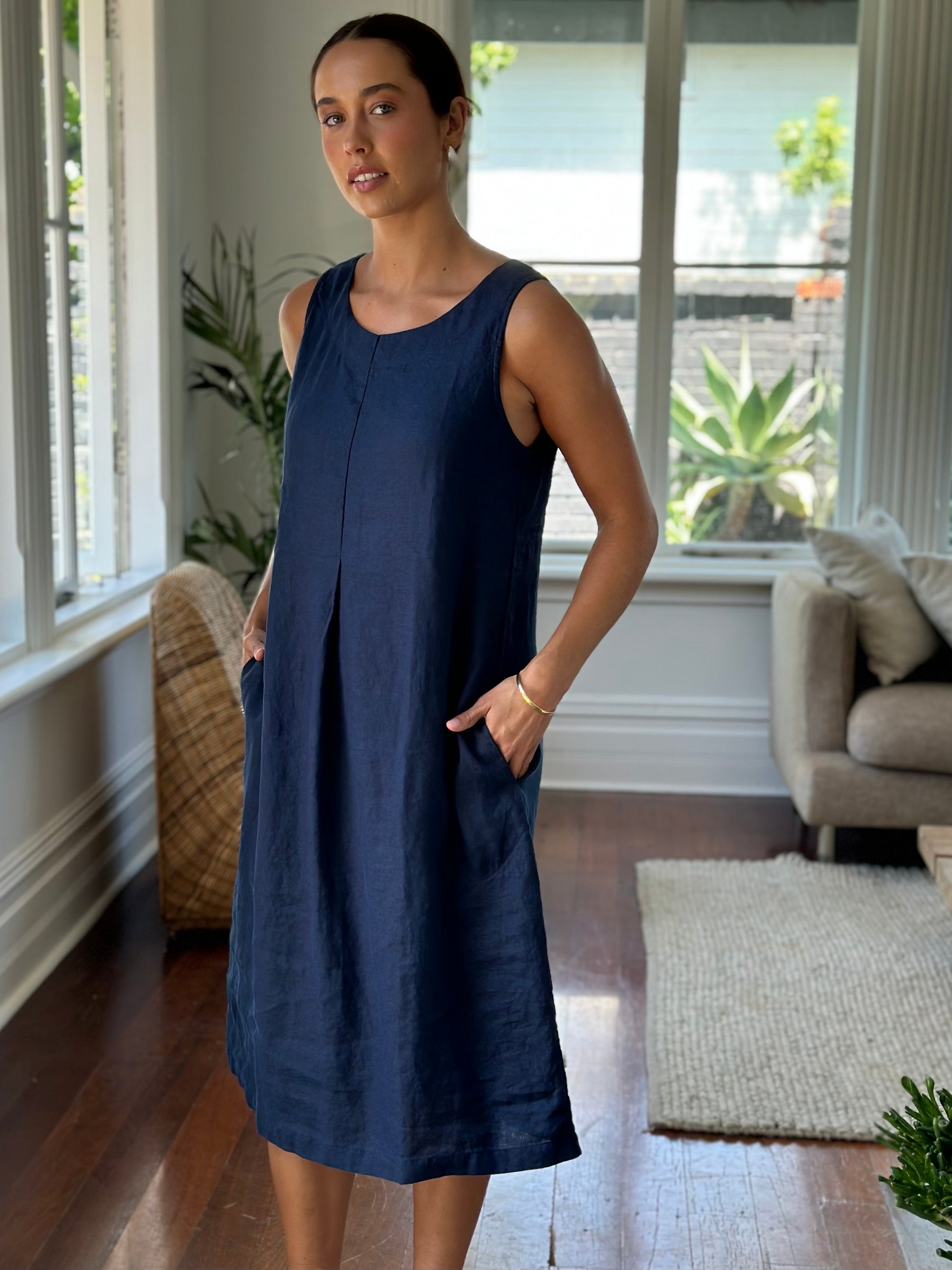 becky dress - navy linen Apparel  