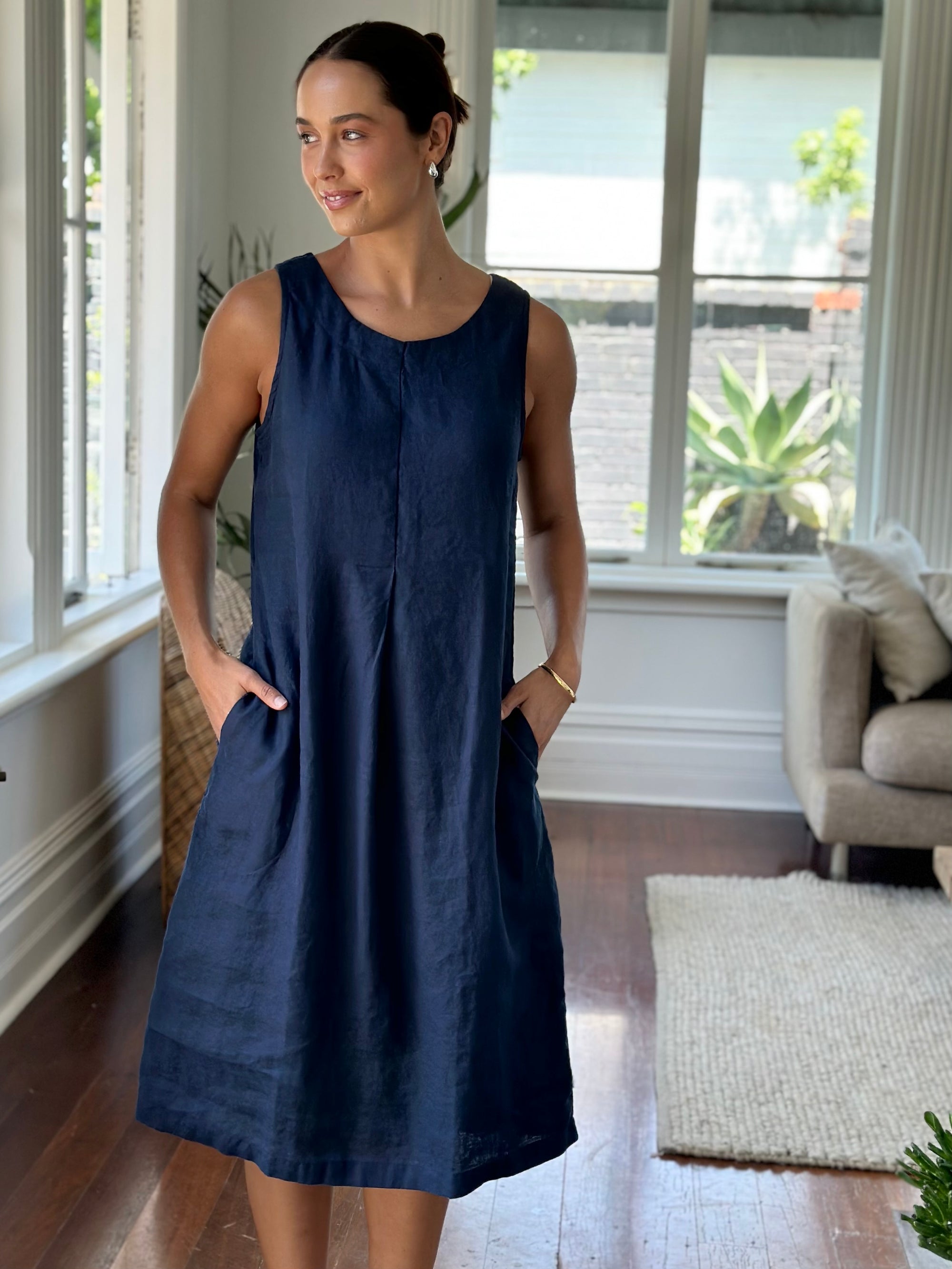 becky dress - navy linen Apparel  