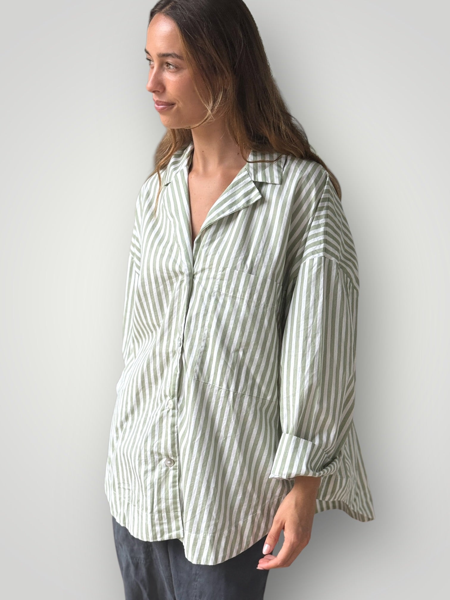 caitlyn shirt - sage stripe cotton Apparel