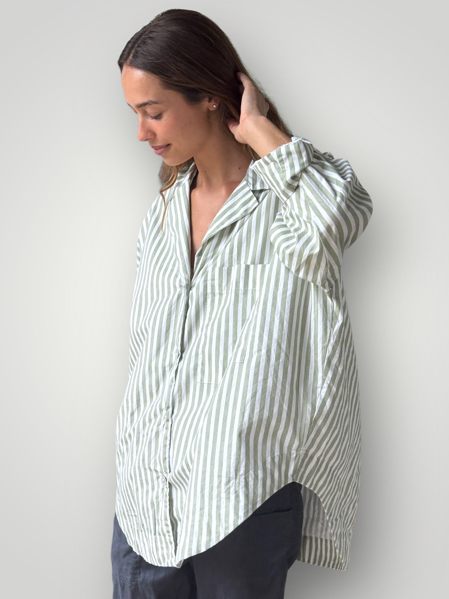 caitlyn shirt - sage stripe cotton Apparel