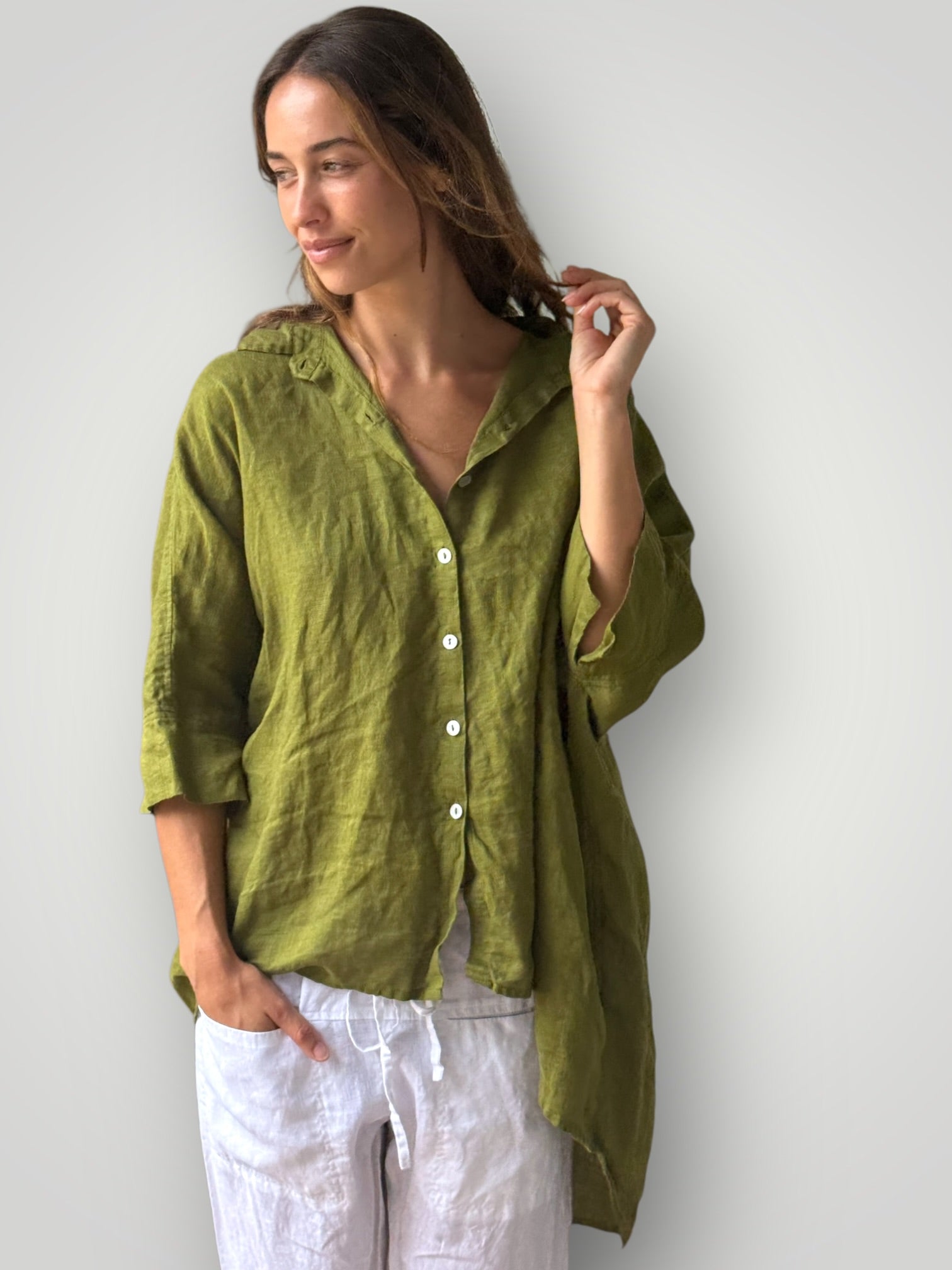 issey shirt - olive linen Apparel