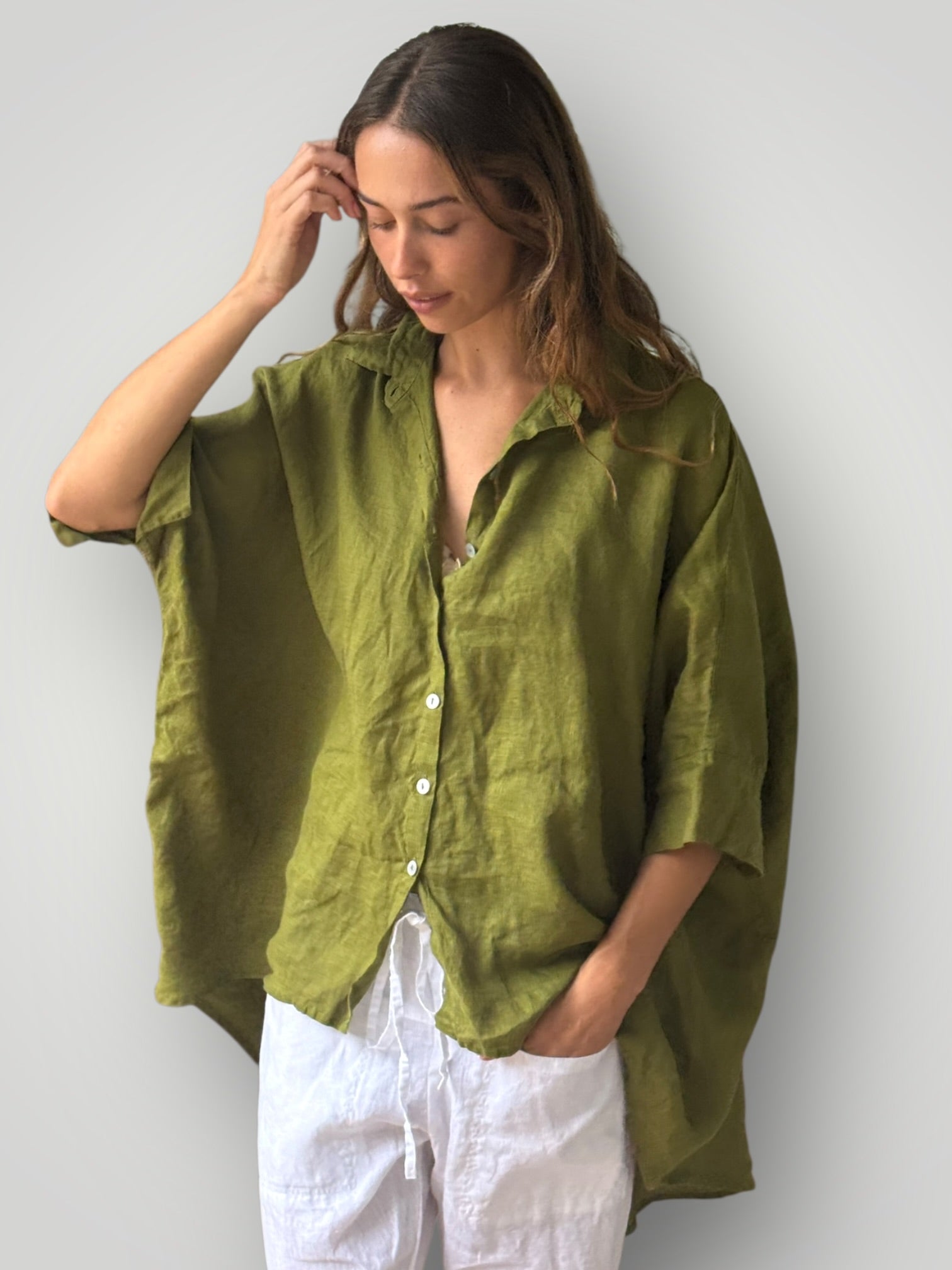 issey shirt - olive linen Apparel