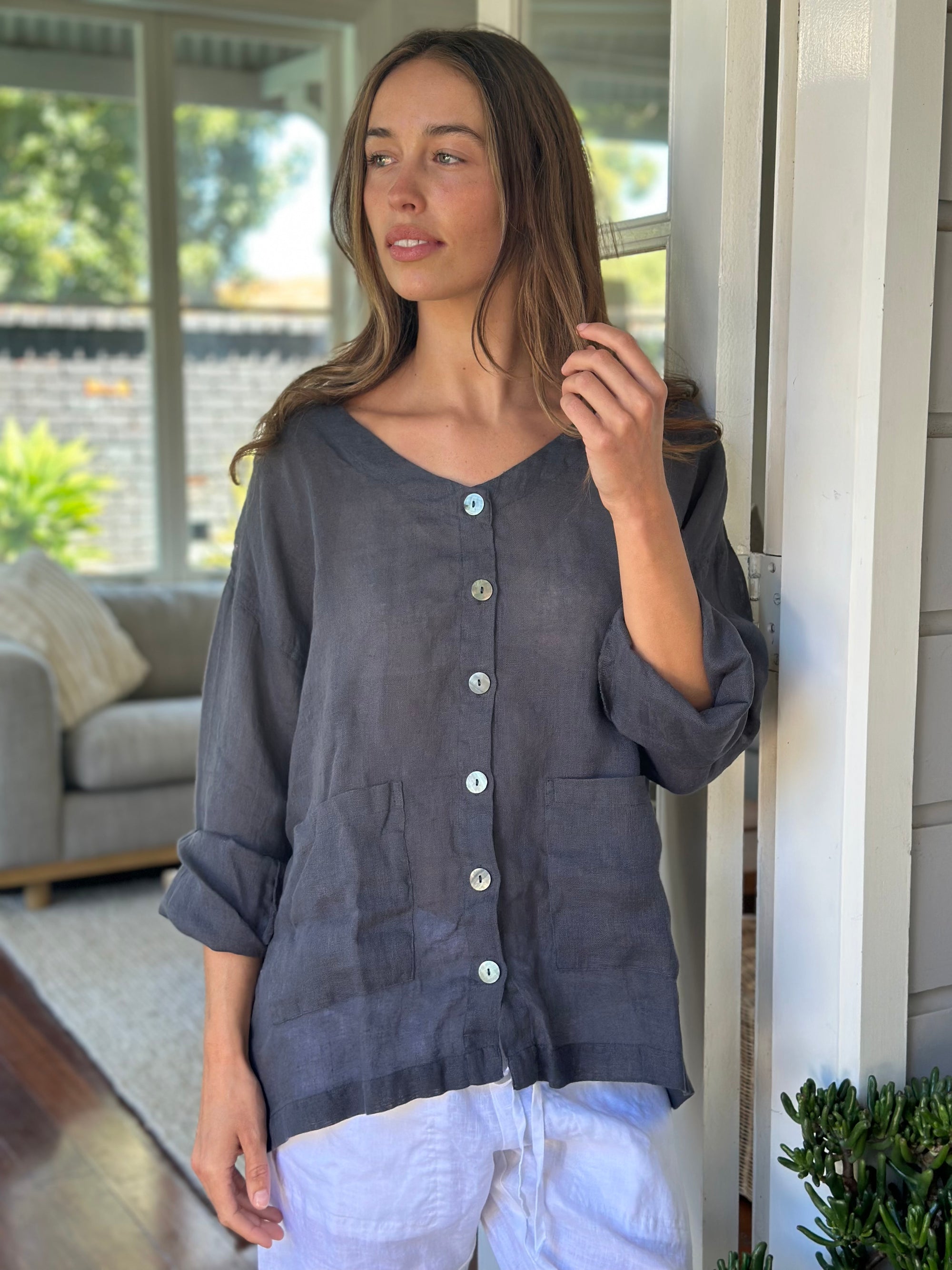 jamie jacket - charcoal linen Apparel