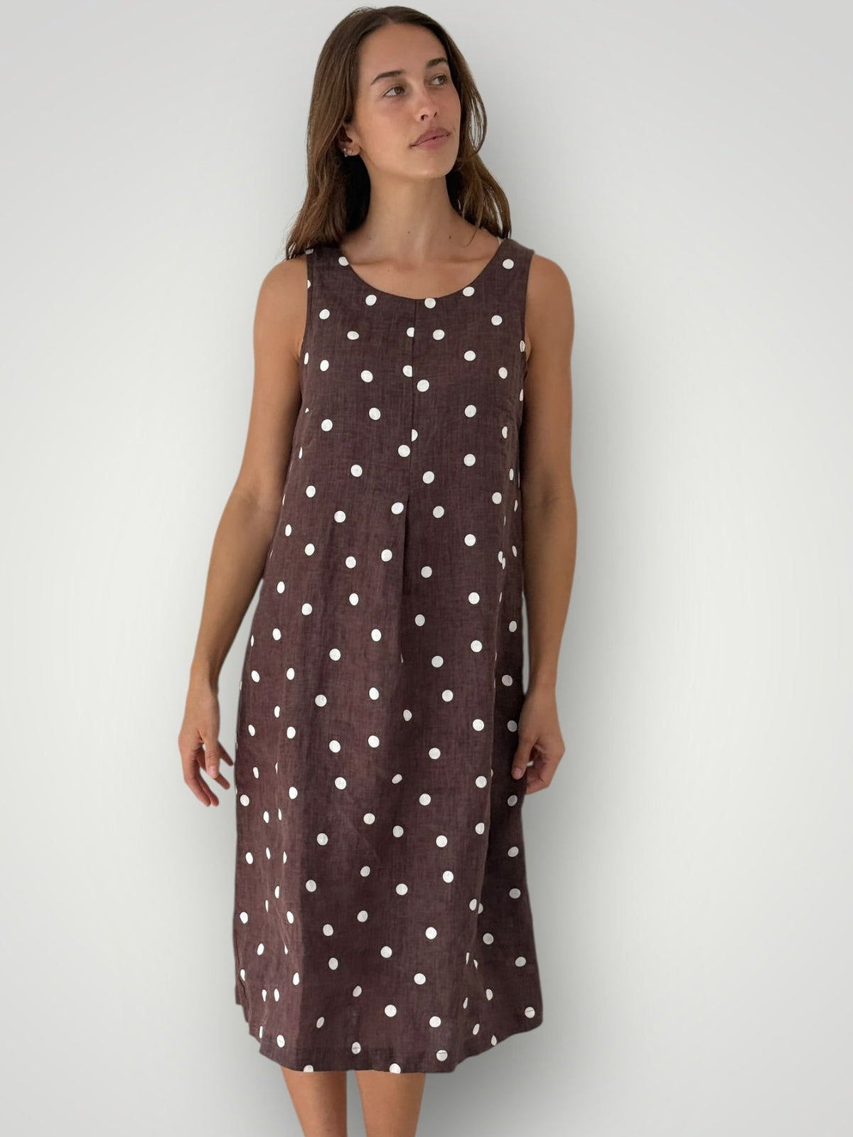 becky dress - chocolate spot linen Apparel