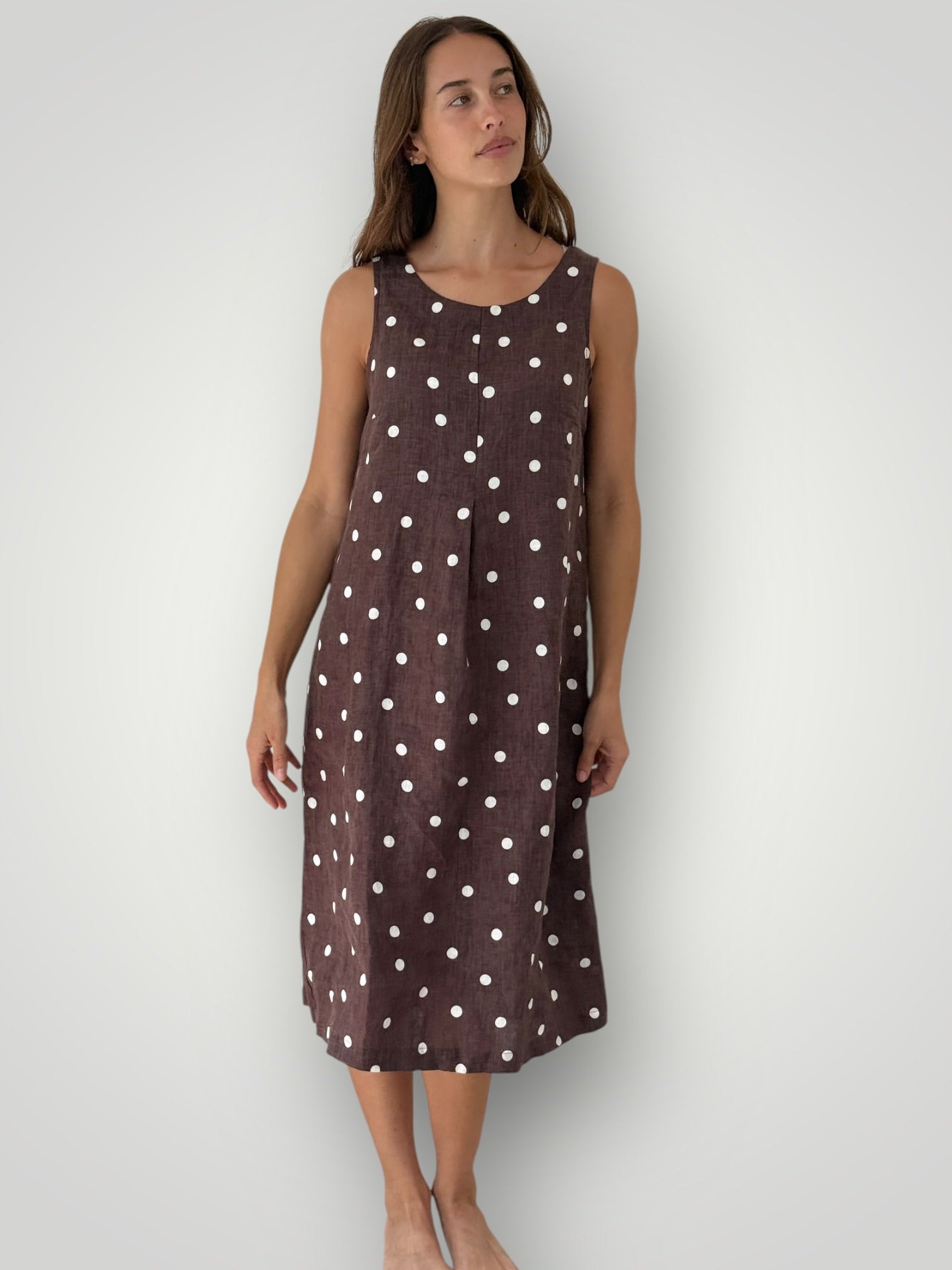 becky dress - chocolate spot linen Apparel