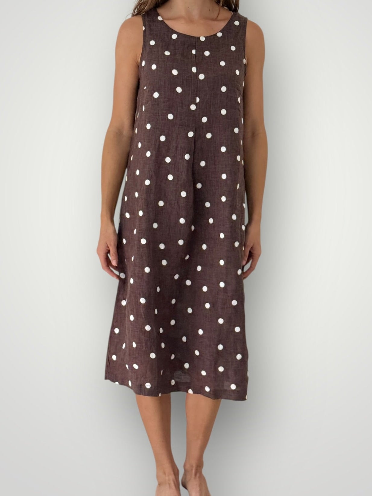 becky dress - chocolate spot linen Apparel