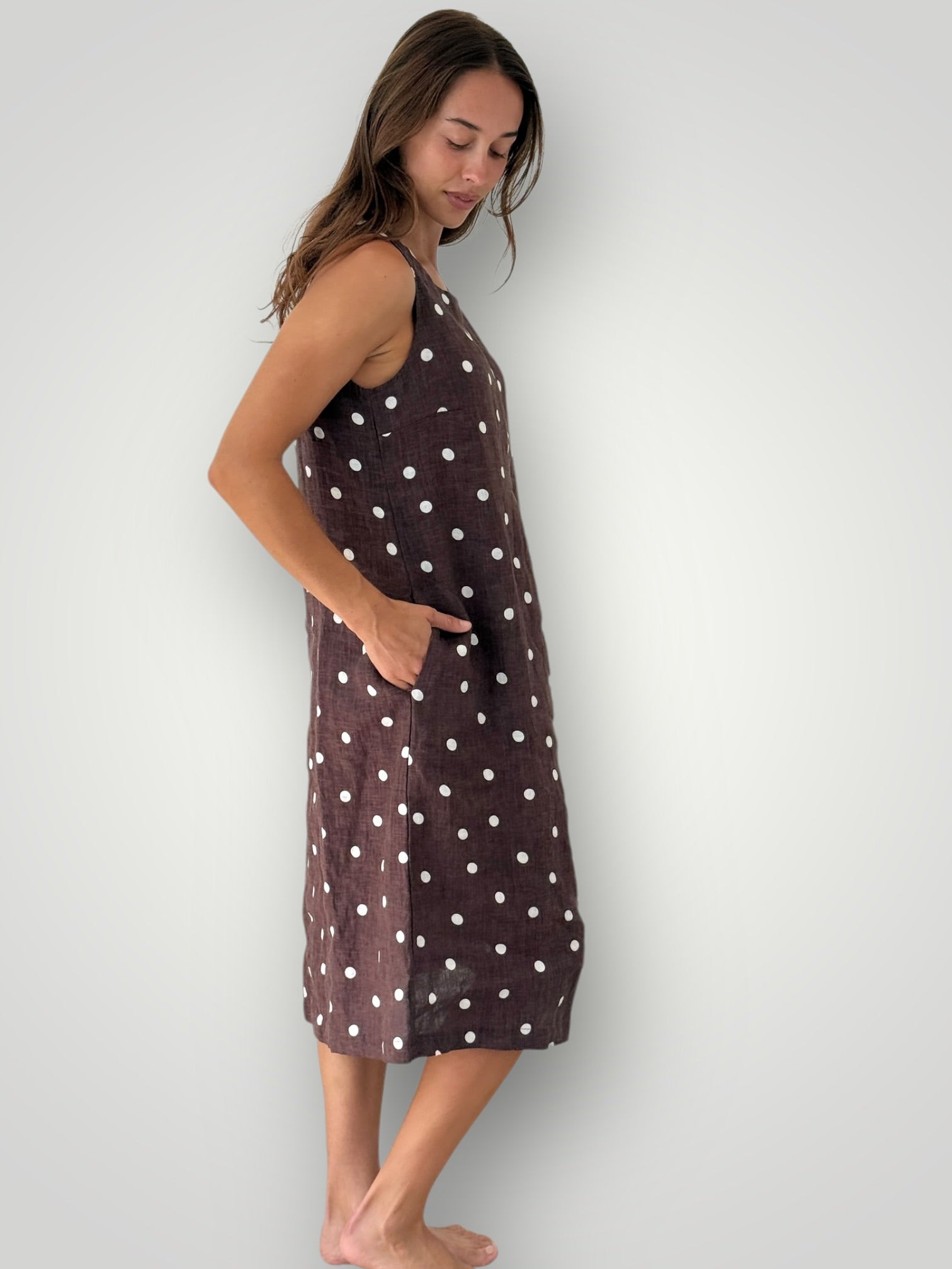 becky dress - chocolate spot linen Apparel