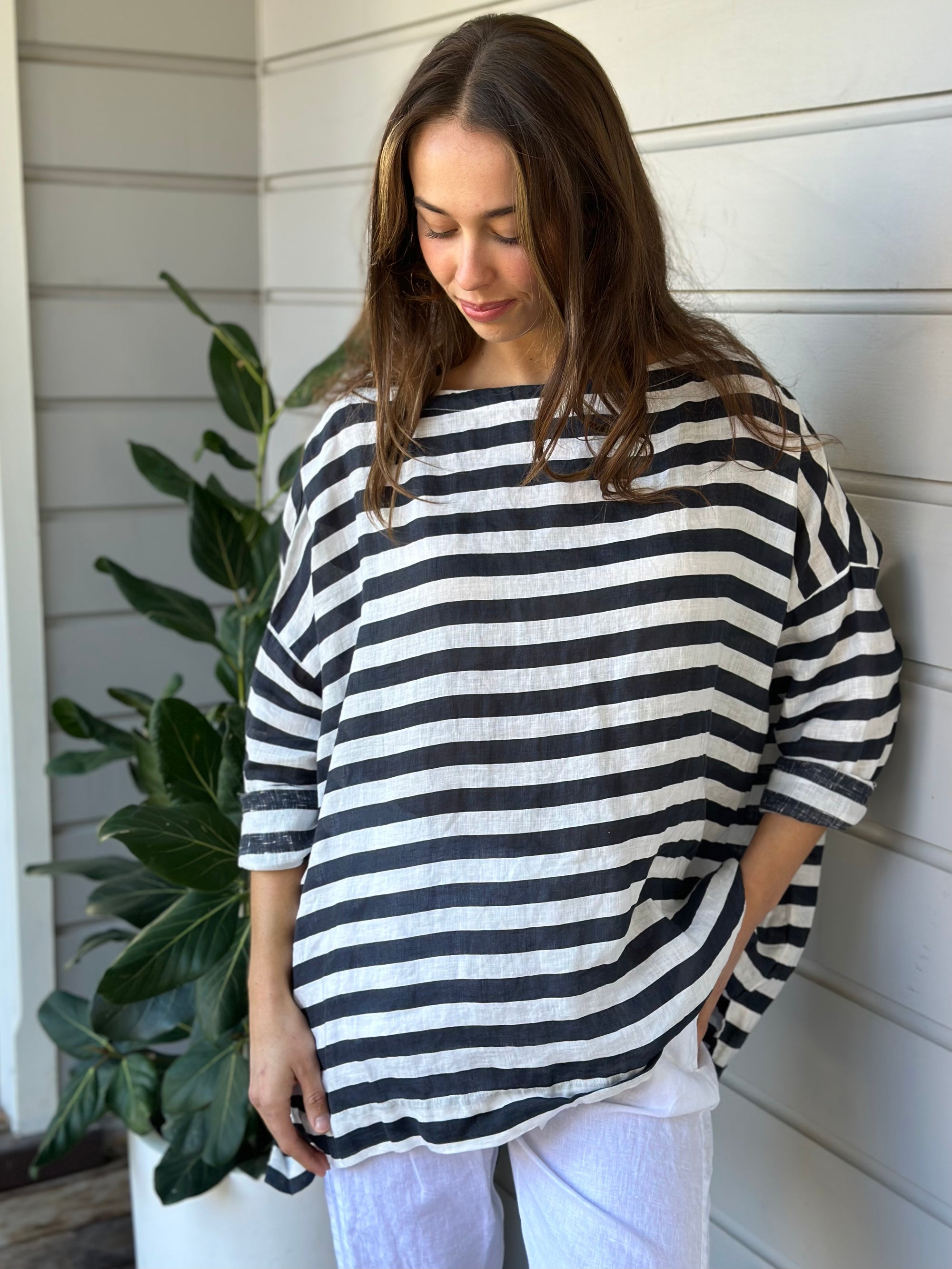 avril top - charcoal stripe linen Apparel