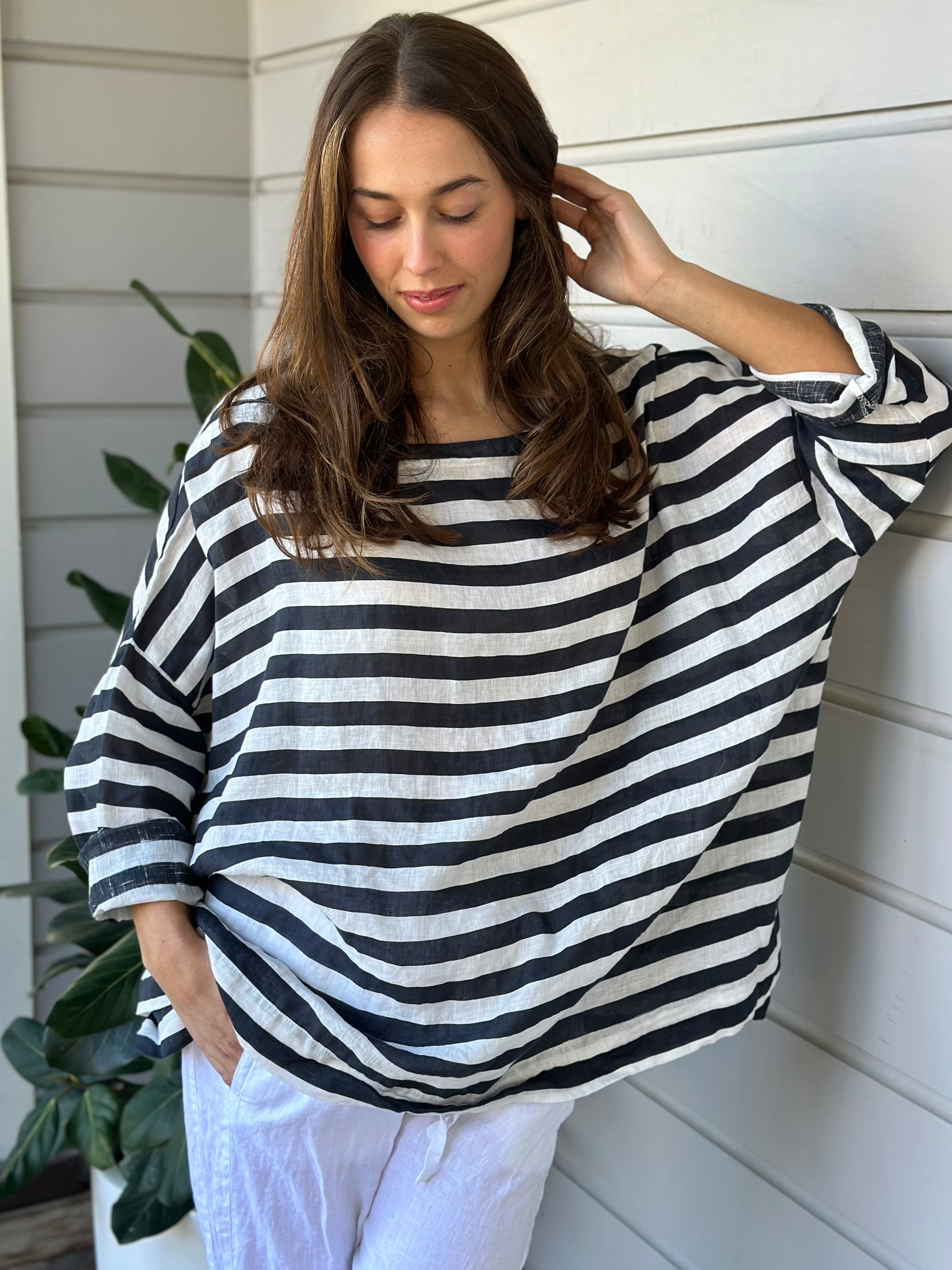 avril top - charcoal stripe linen Apparel