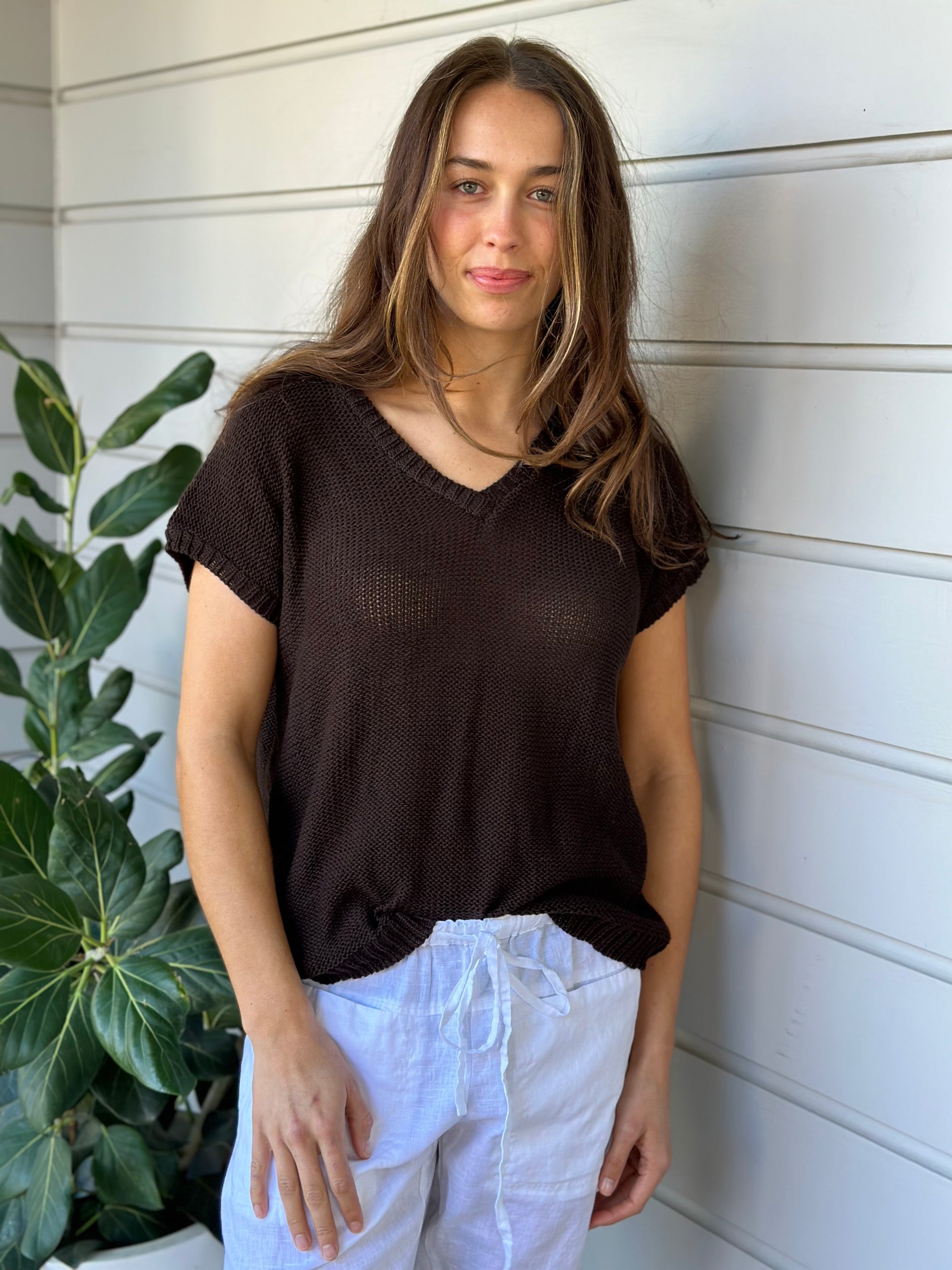 lara knit top - chocolate cotton Apparel  