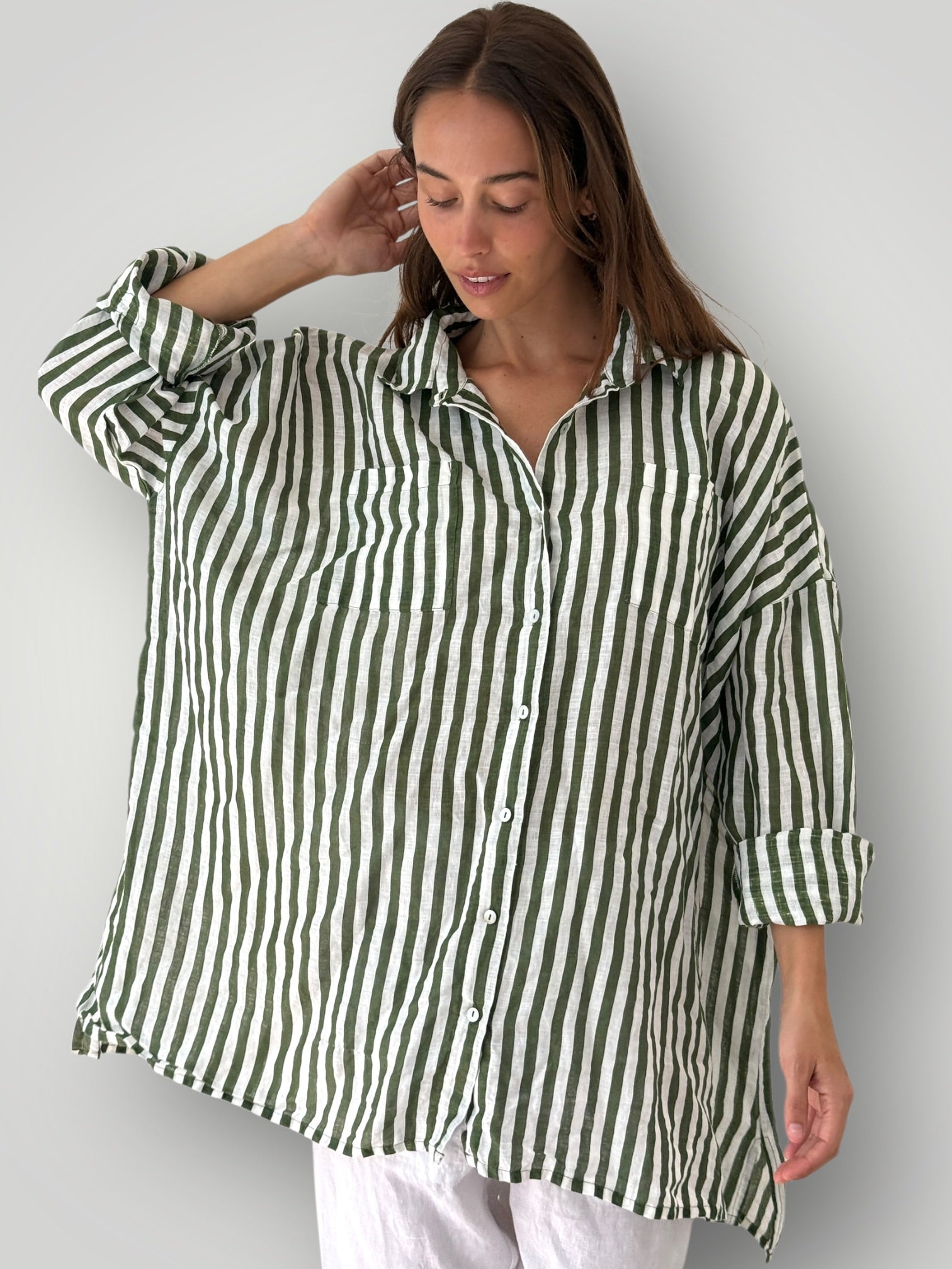 aiden boyfriend shirt -moss stripe linen Apparel