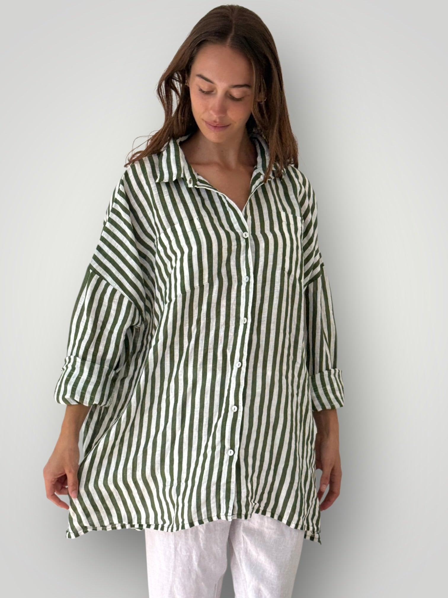 aiden boyfriend shirt -moss stripe linen Apparel