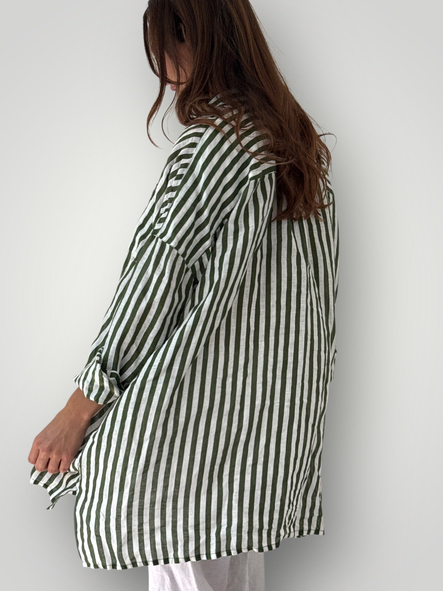 aiden boyfriend shirt -moss stripe linen Apparel